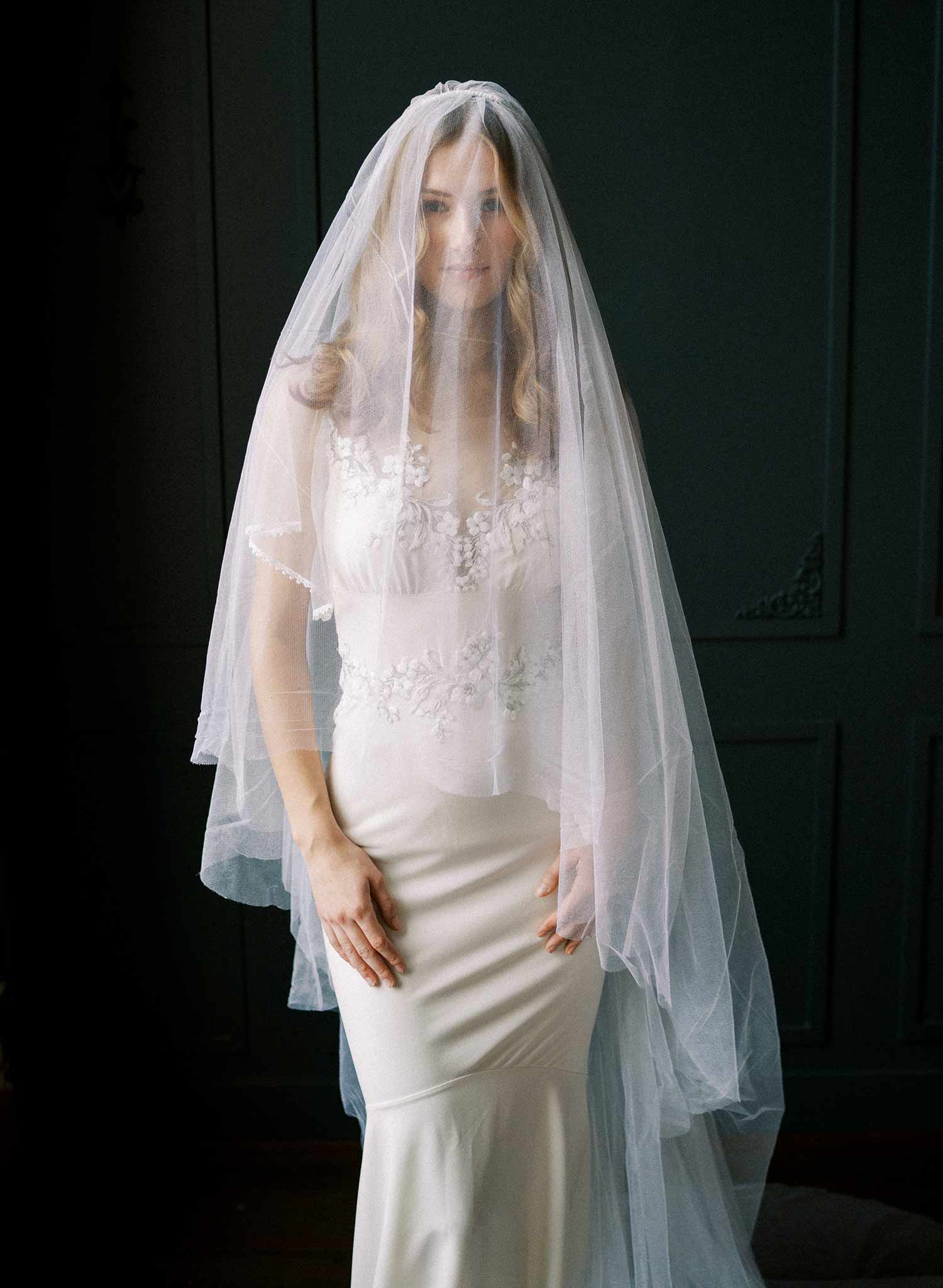 Clean and dramatic silk tulle veil with blusher - Style #2522