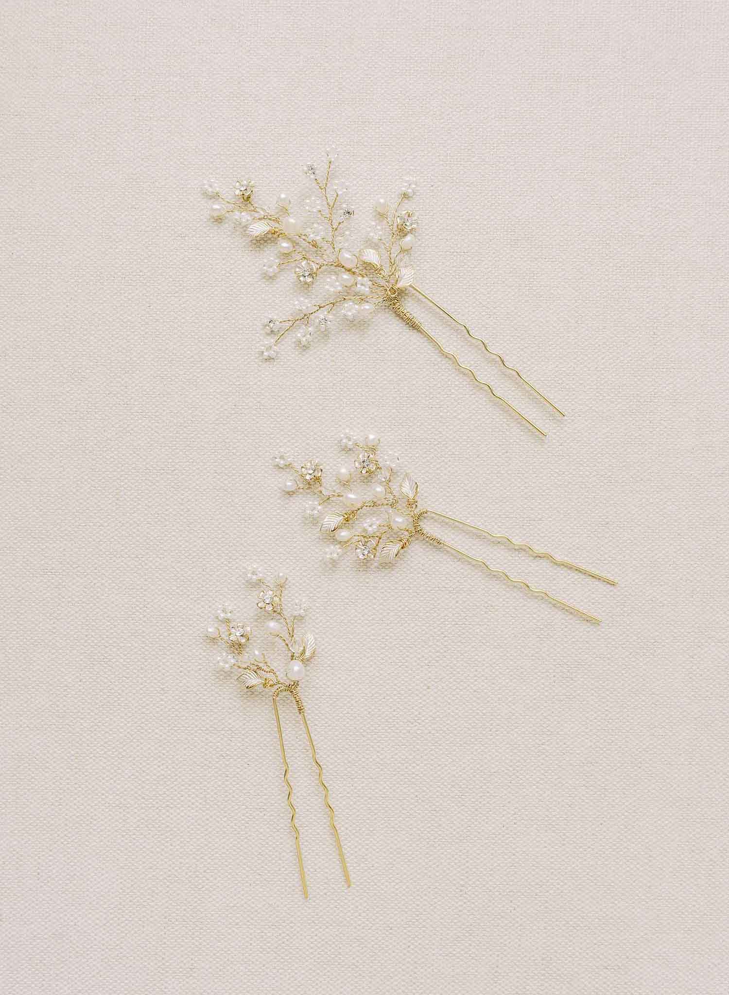 Dainty beaded fern leaf hair pin set of 3 - Style #2111