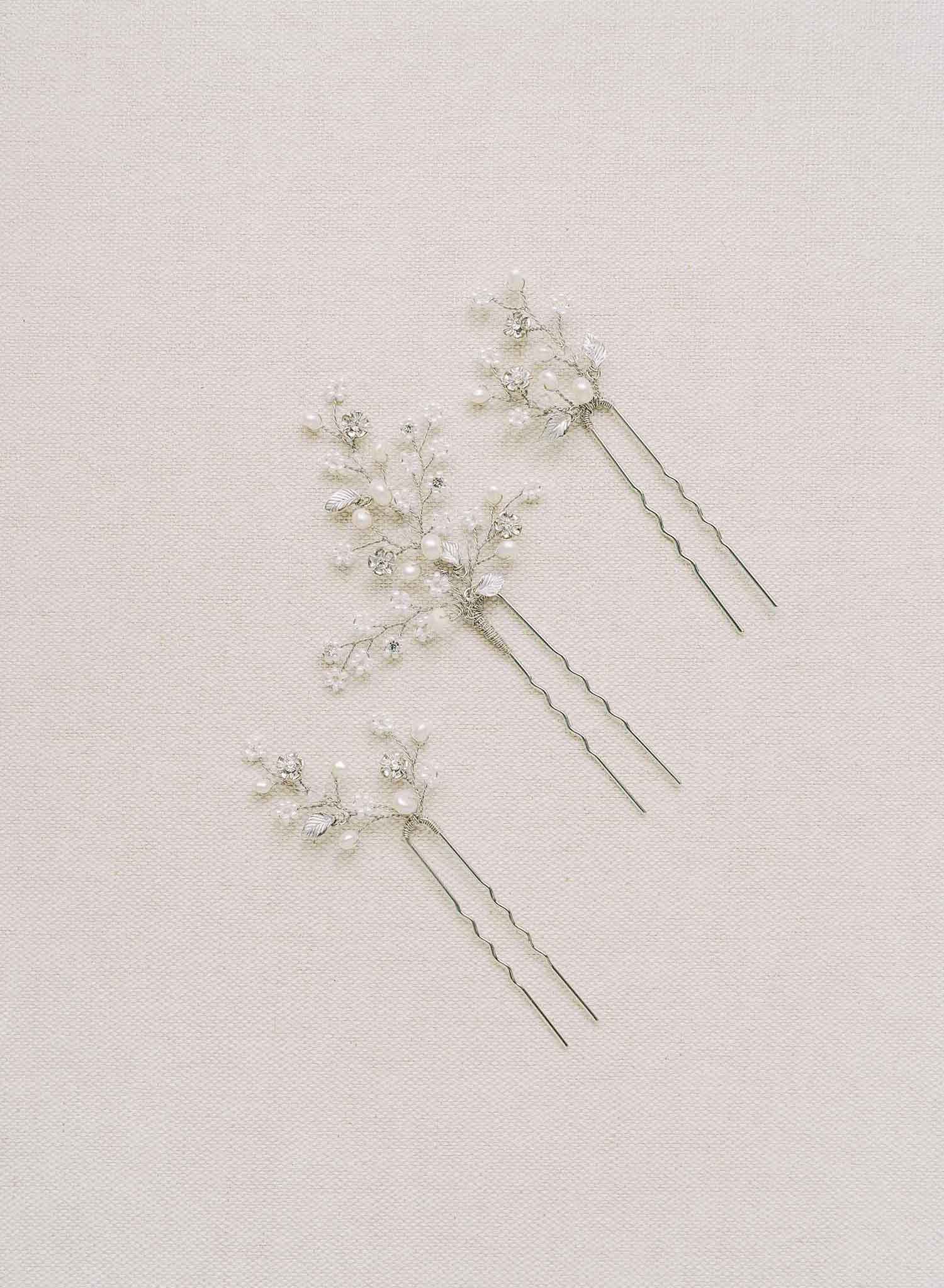 Dainty beaded fern leaf hair pin set of 3 - Style #2111