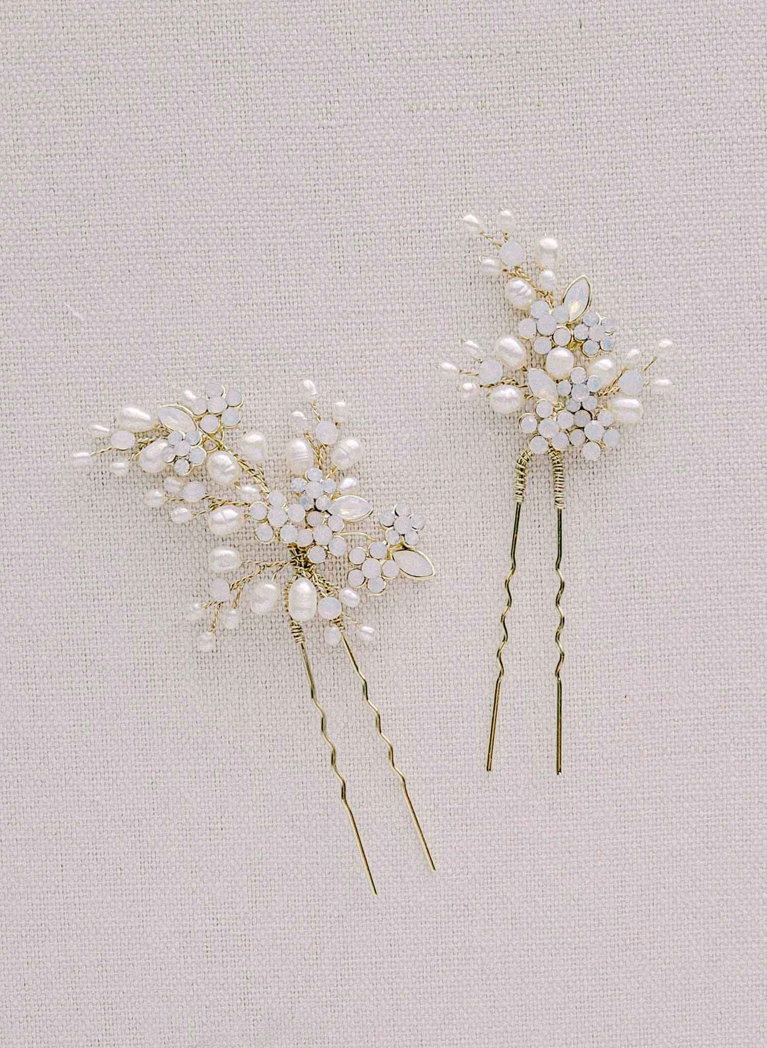 "bridal crystal baby's breath hair pins, pearls by twigs and honey"