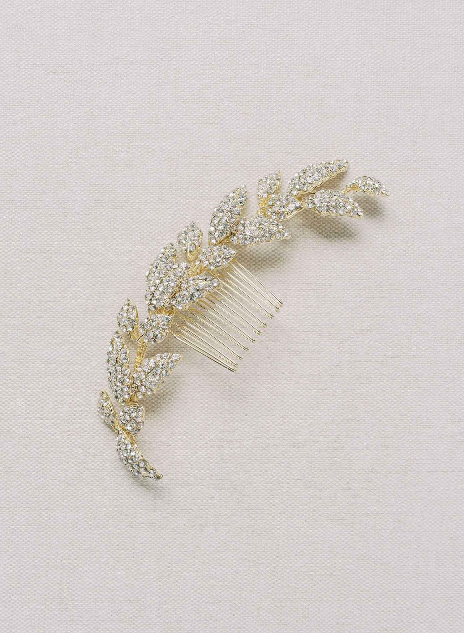"crystal encrusted bridal leaf hair comb, adornment by twigs & honey"