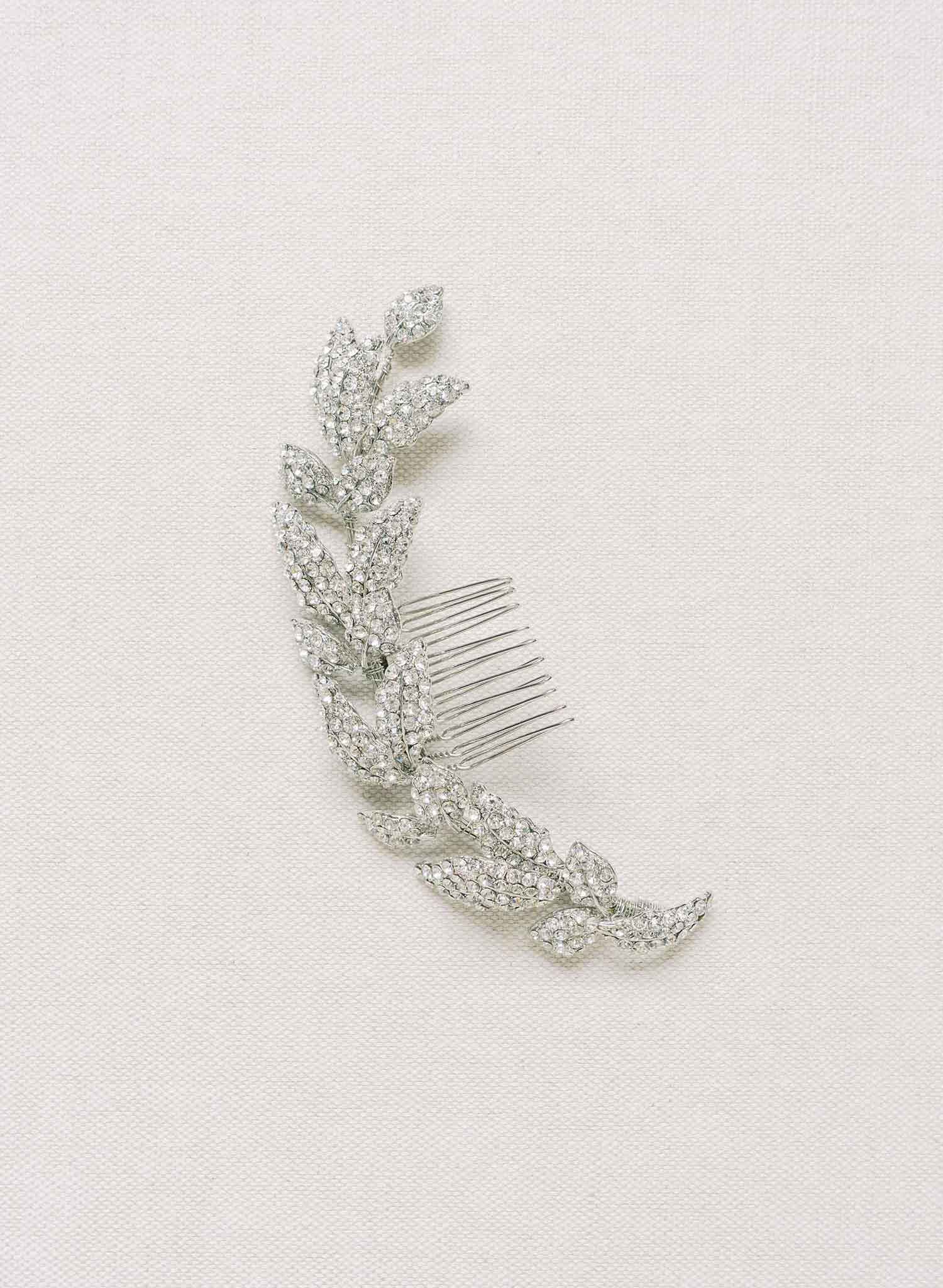 "crystal encrusted bridal leaf hair comb, adornment by twigs & honey"