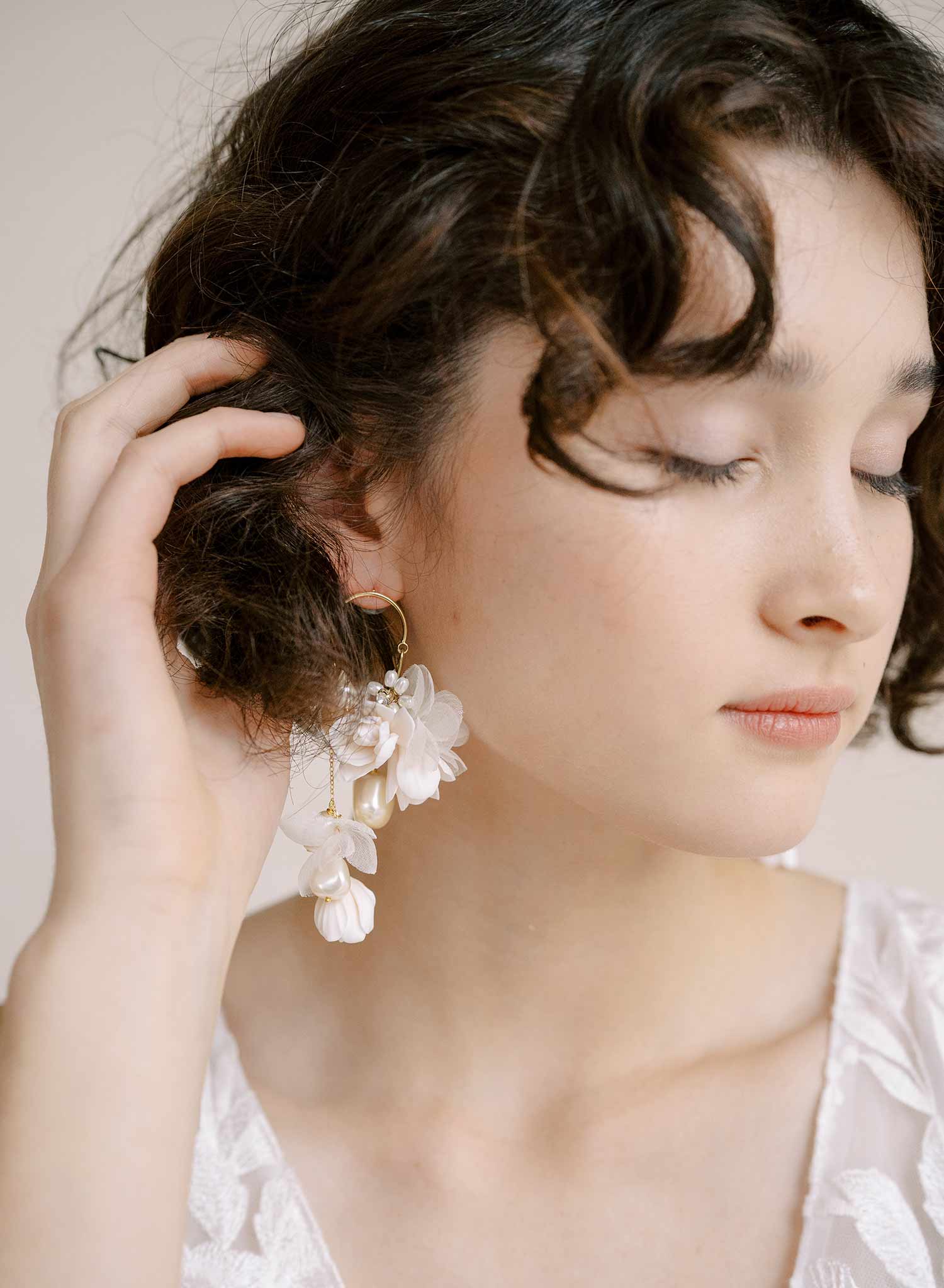 "Cascading blossom, silk and pearl earring - Style #2305"
