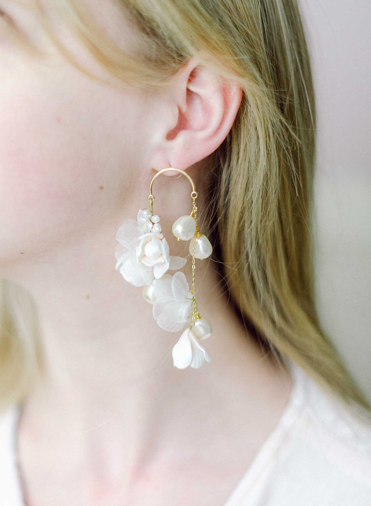 "Cascading blossom, silk and pearl earring - Style #2305"