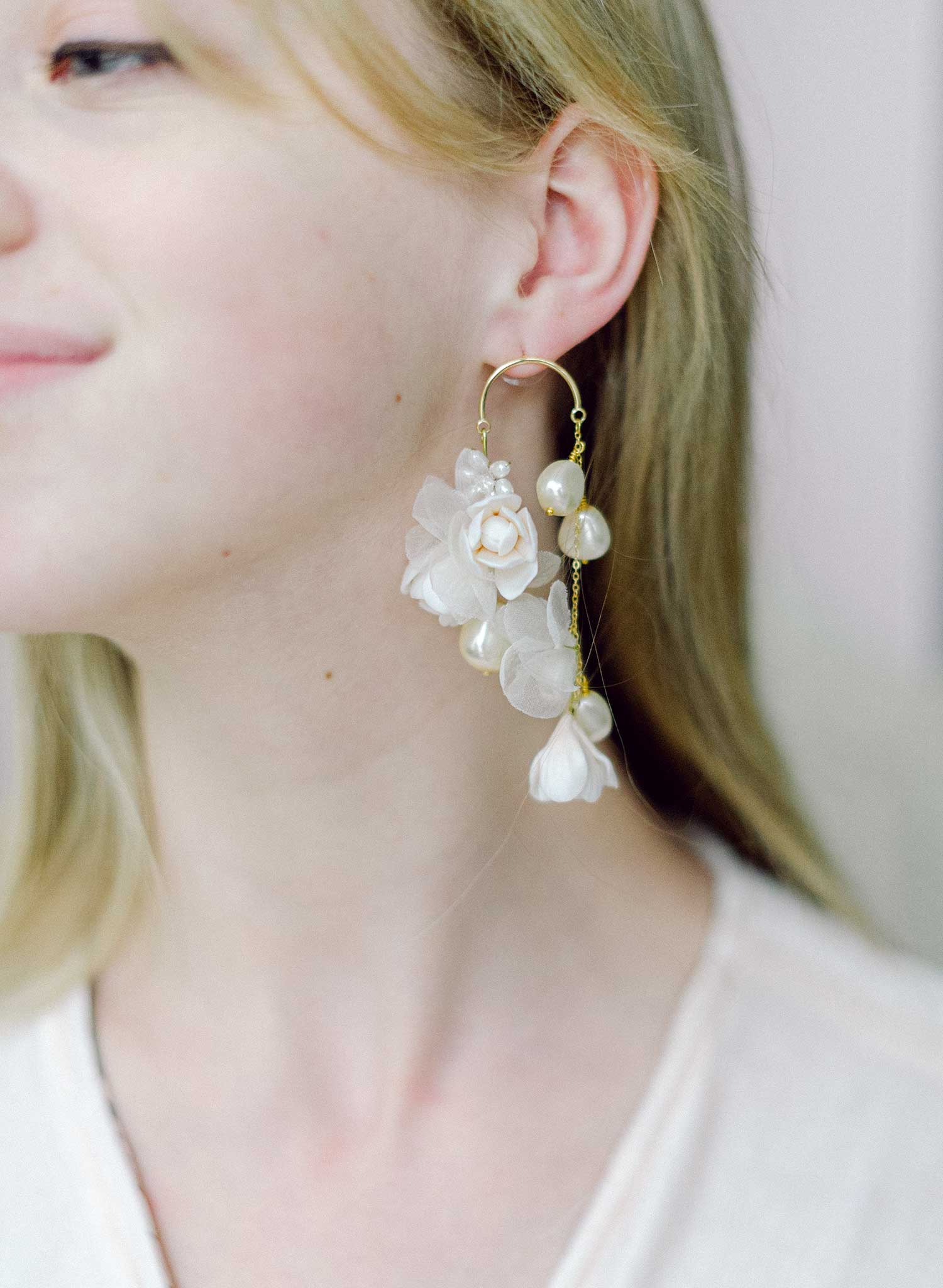 "Cascading blossom, silk and pearl earring - Style #2305"