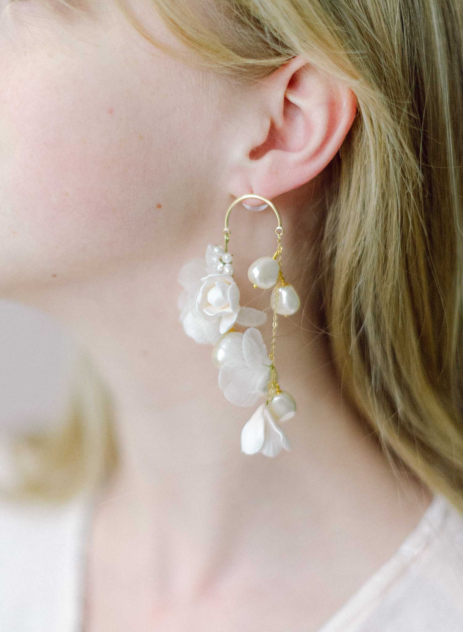 "Cascading blossom, silk and pearl earring - Style #2305"