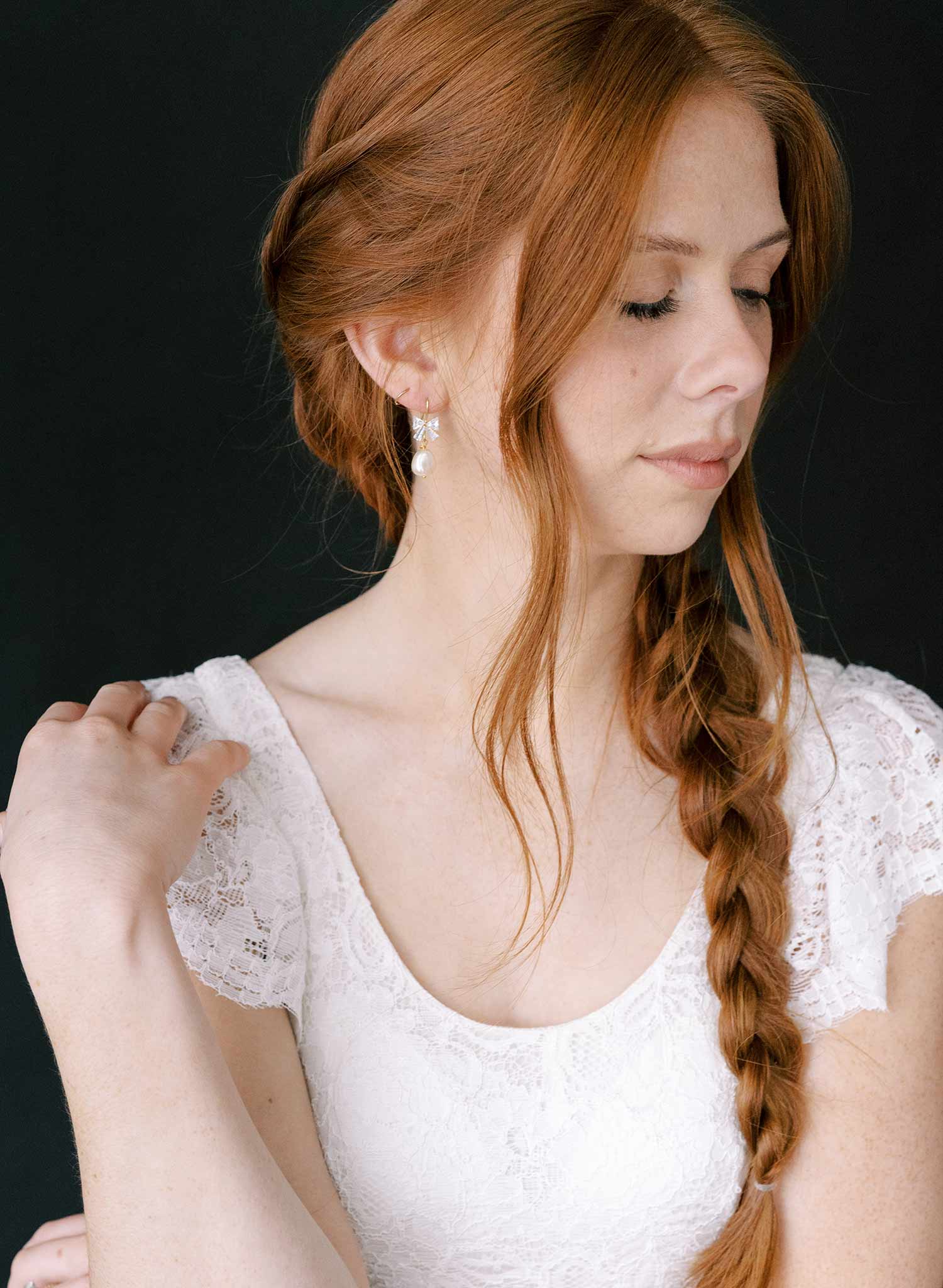 Crystal bow and pearl drop earrings - Style #2314