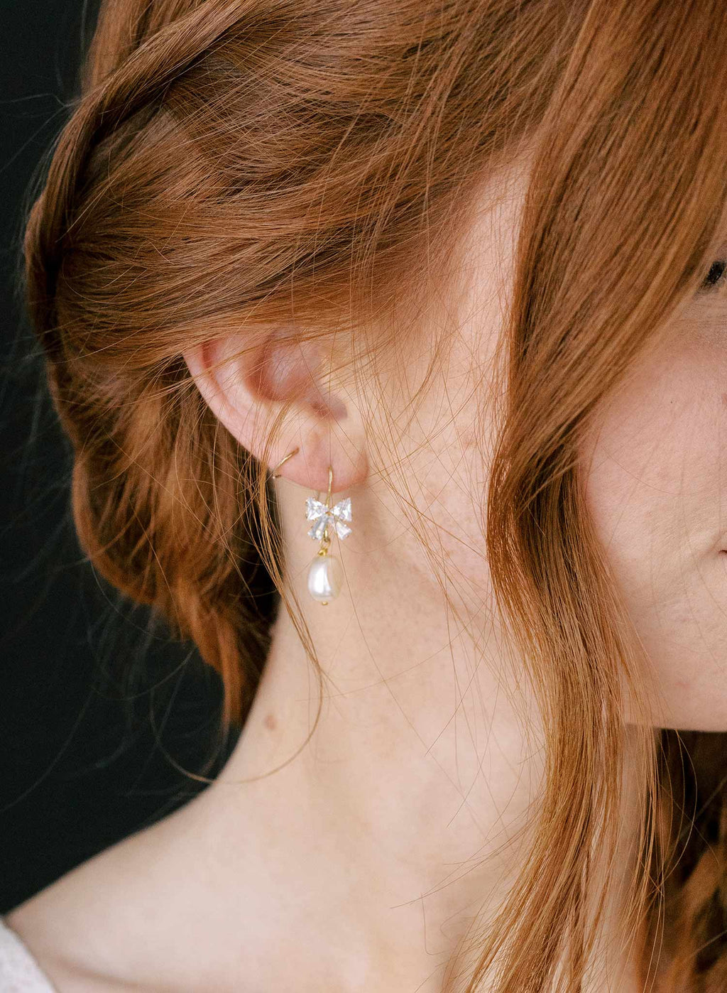 Crystal bow and pearl drop earrings - Style #2314