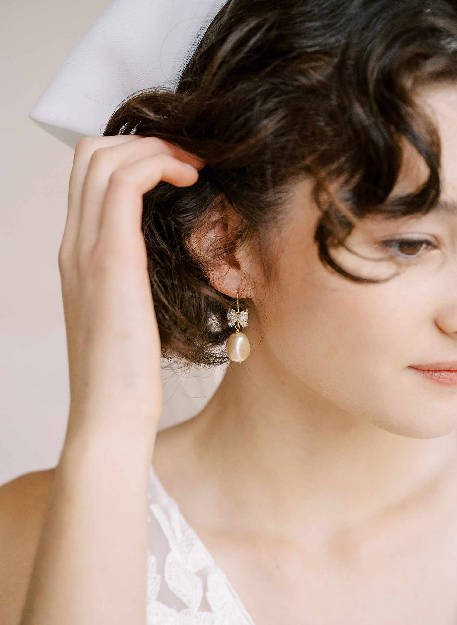Crystal bow and pearl drop earrings - Style #2314