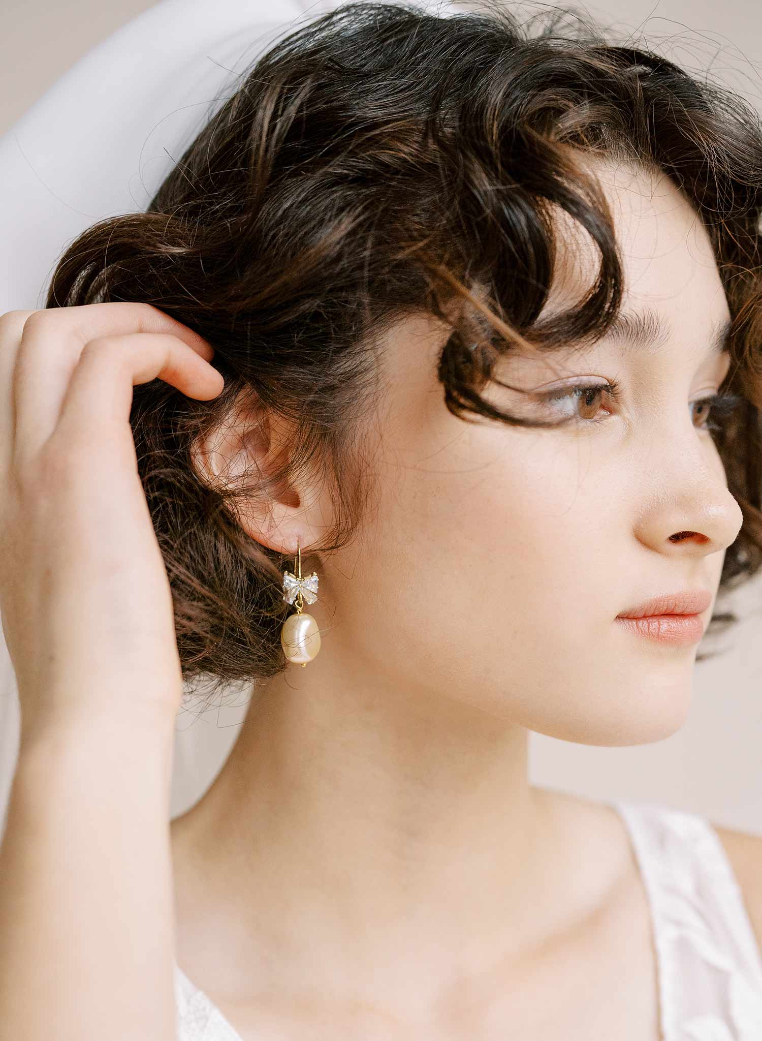 Crystal bow and pearl drop earrings - Style #2314