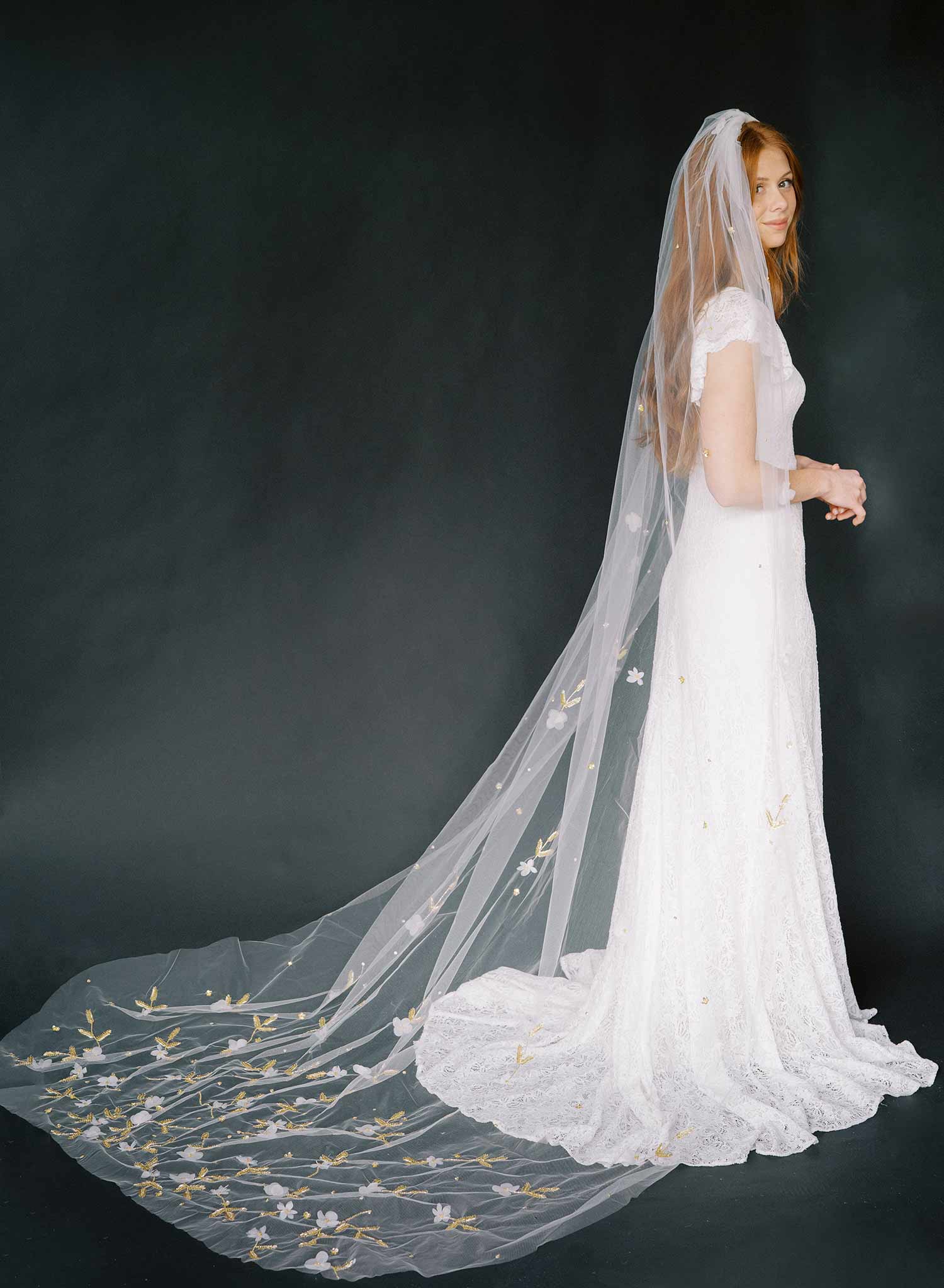 "Floral embroidered bridal train veil, cathedral - Style #2367"