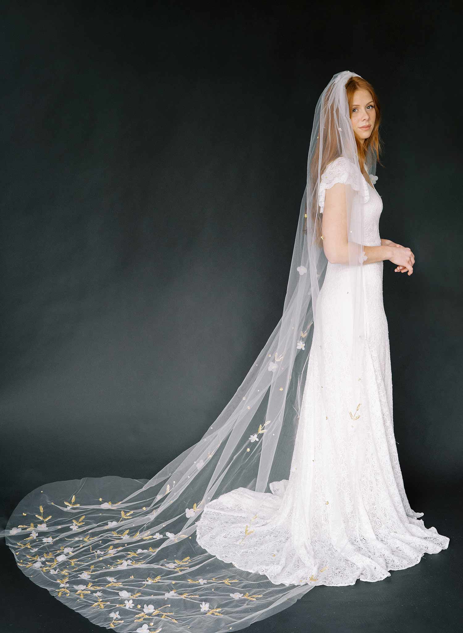 "Floral embroidered bridal train veil, cathedral - Style #2367"