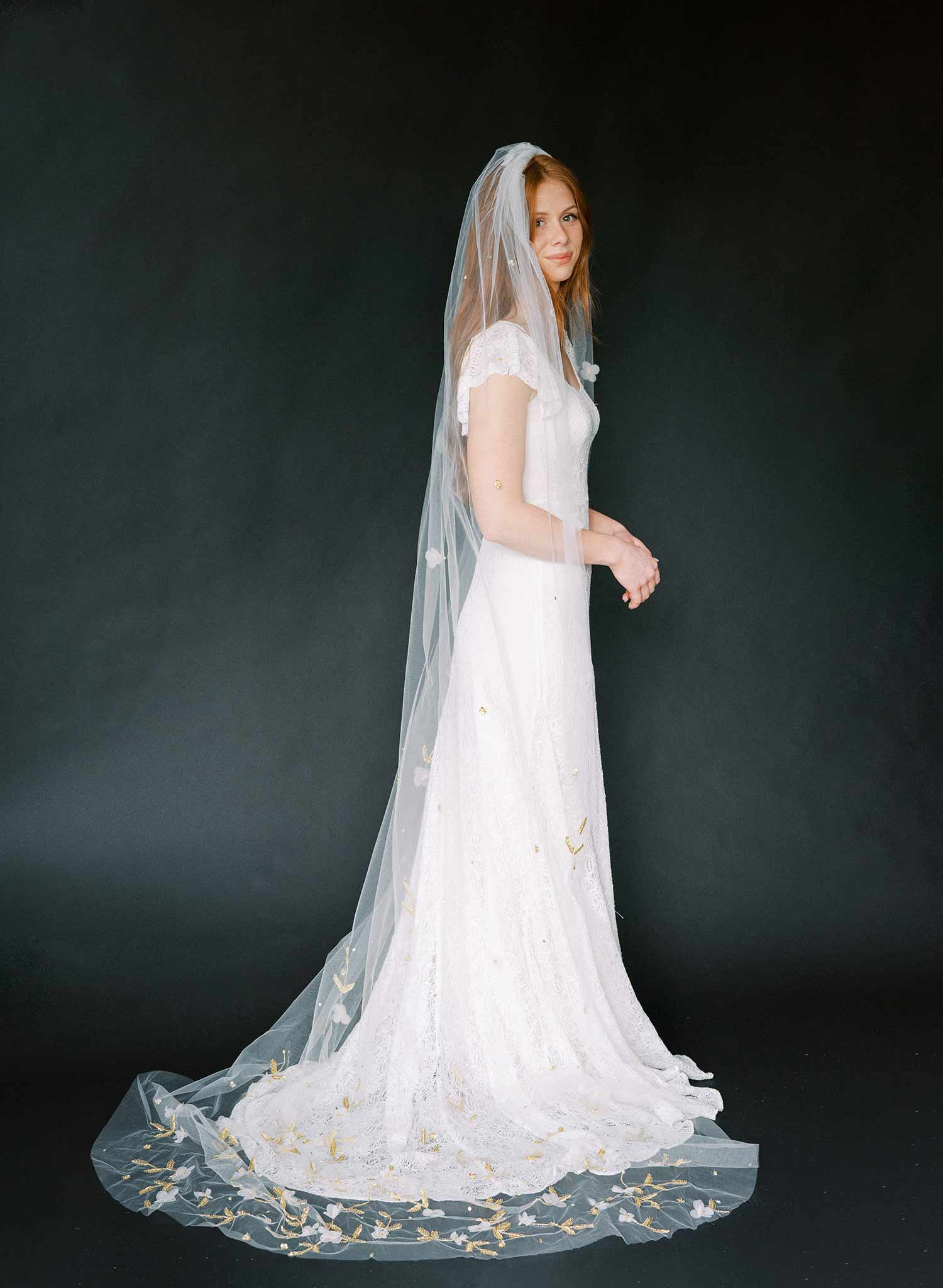 "Floral embroidered bridal train veil, cathedral - Style #2367"