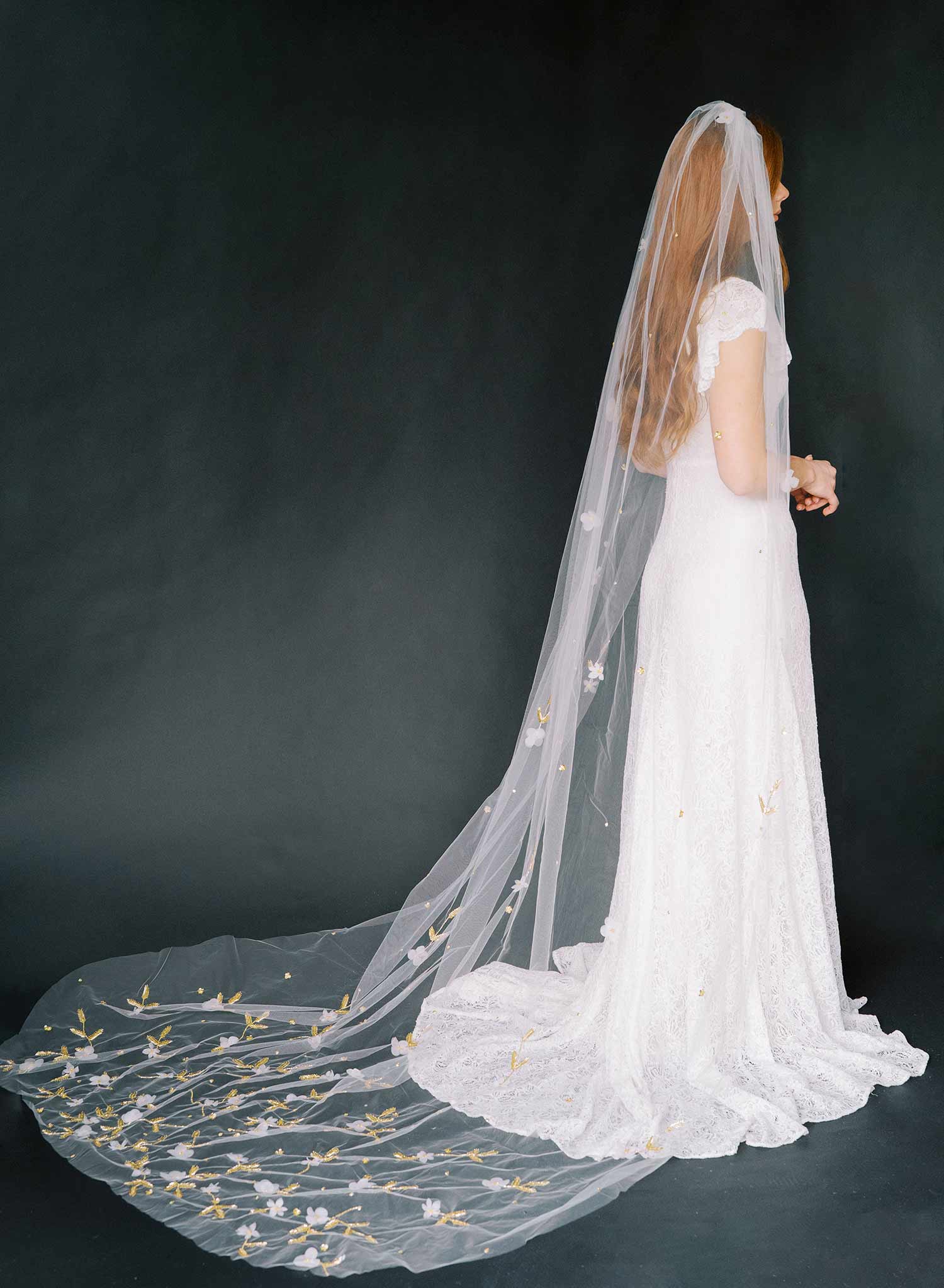 "Floral embroidered bridal train veil, cathedral - Style #2367"