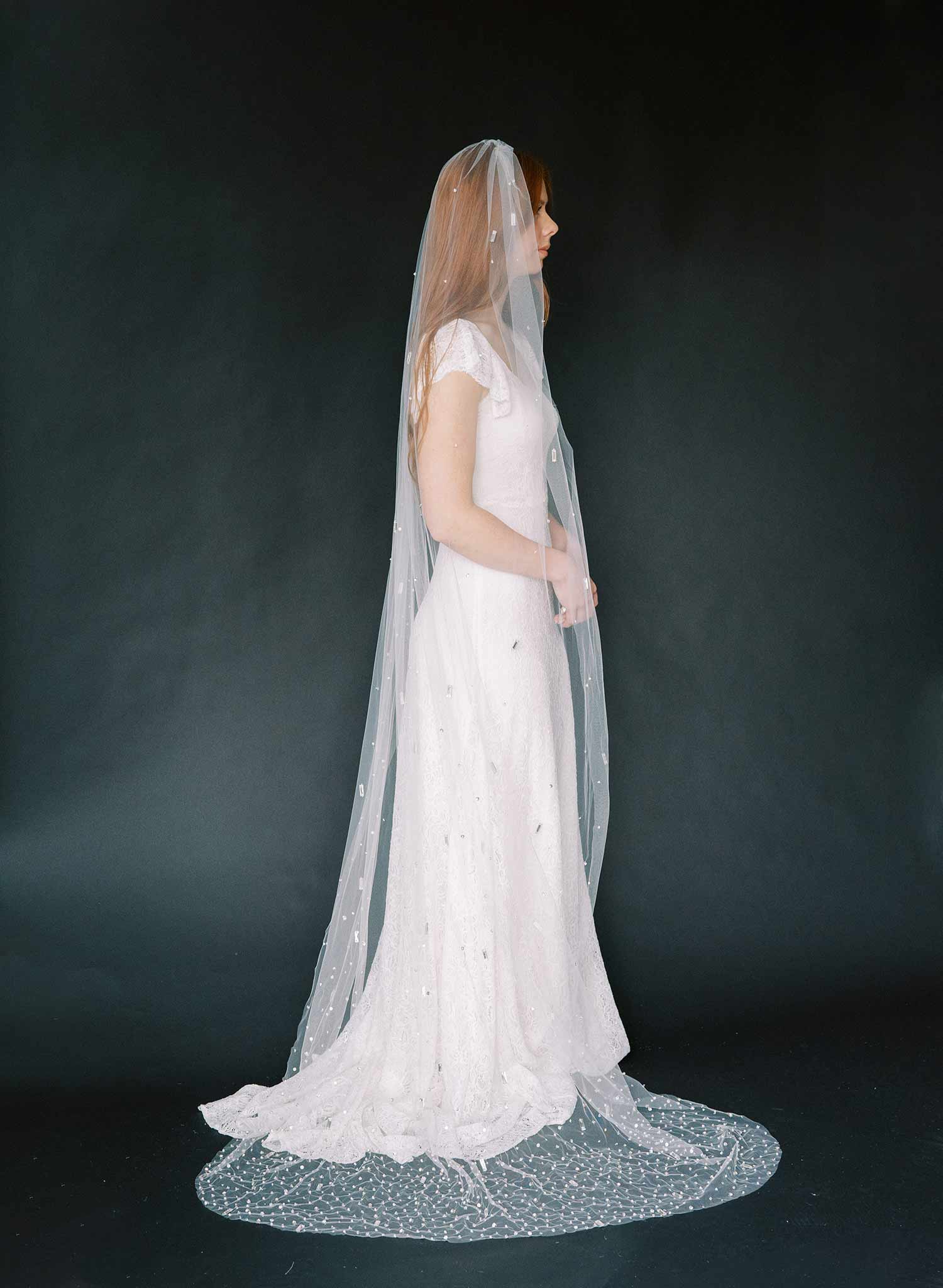 Baguette crystal and bead chapel train veil - Style #2370