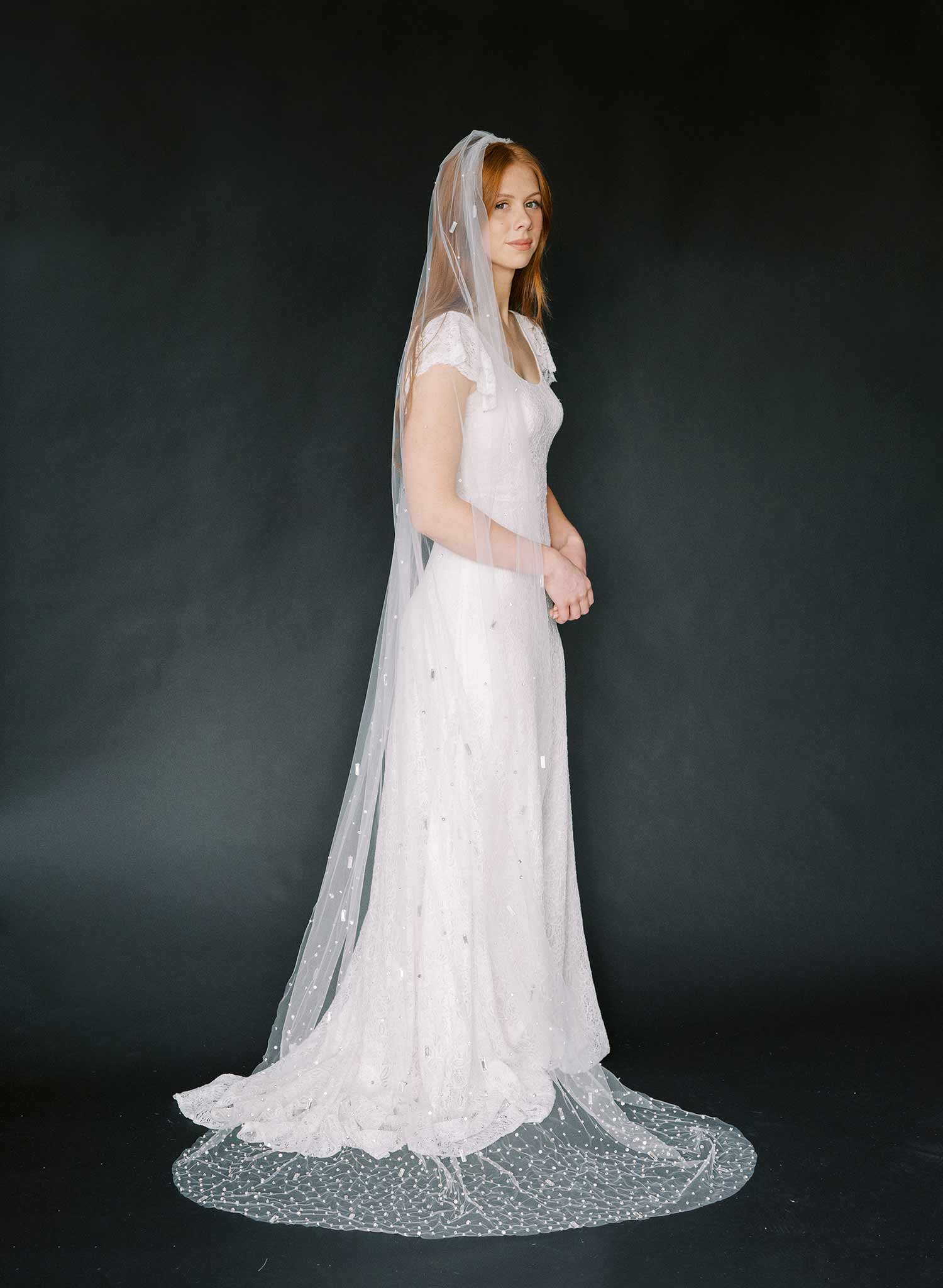Baguette crystal and bead chapel train veil - Style #2370