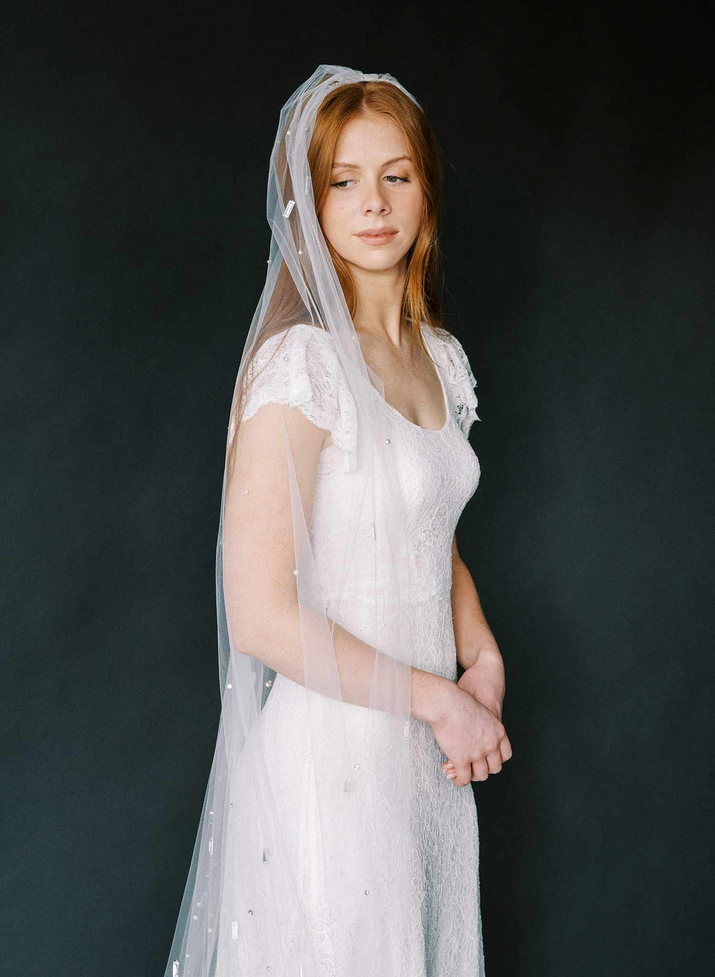 Baguette crystal and bead chapel train veil - Style #2370