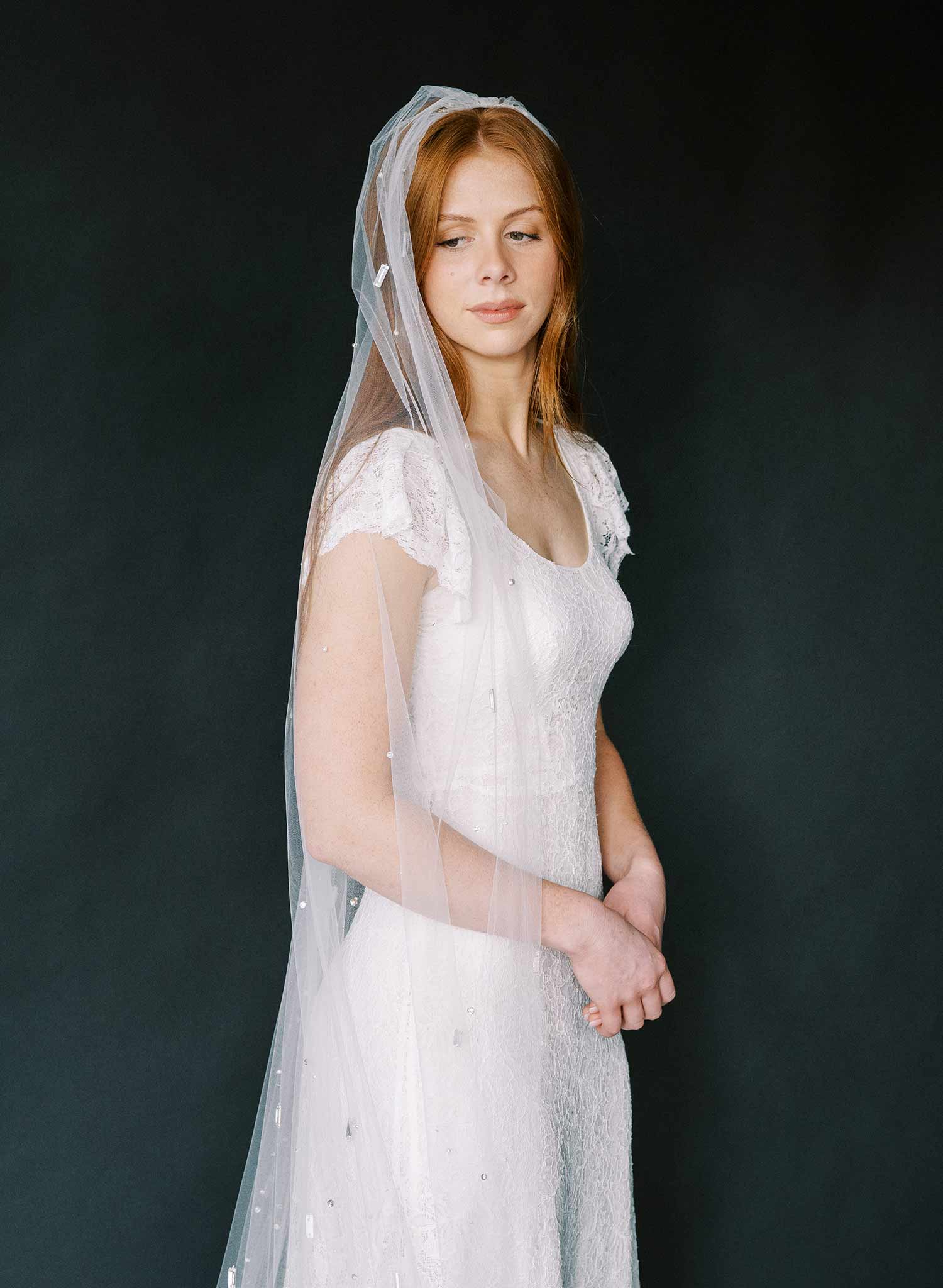 Baguette crystal and bead chapel train veil - Style #2370