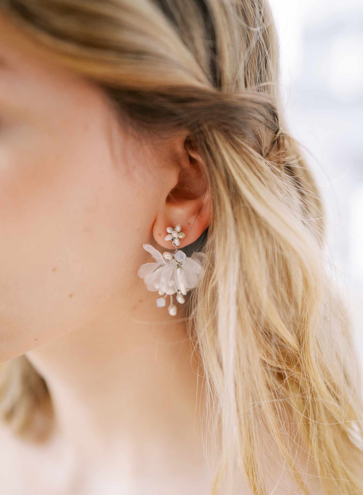 "Pearl burst and silk blossom earrings, petite - Style #2433"