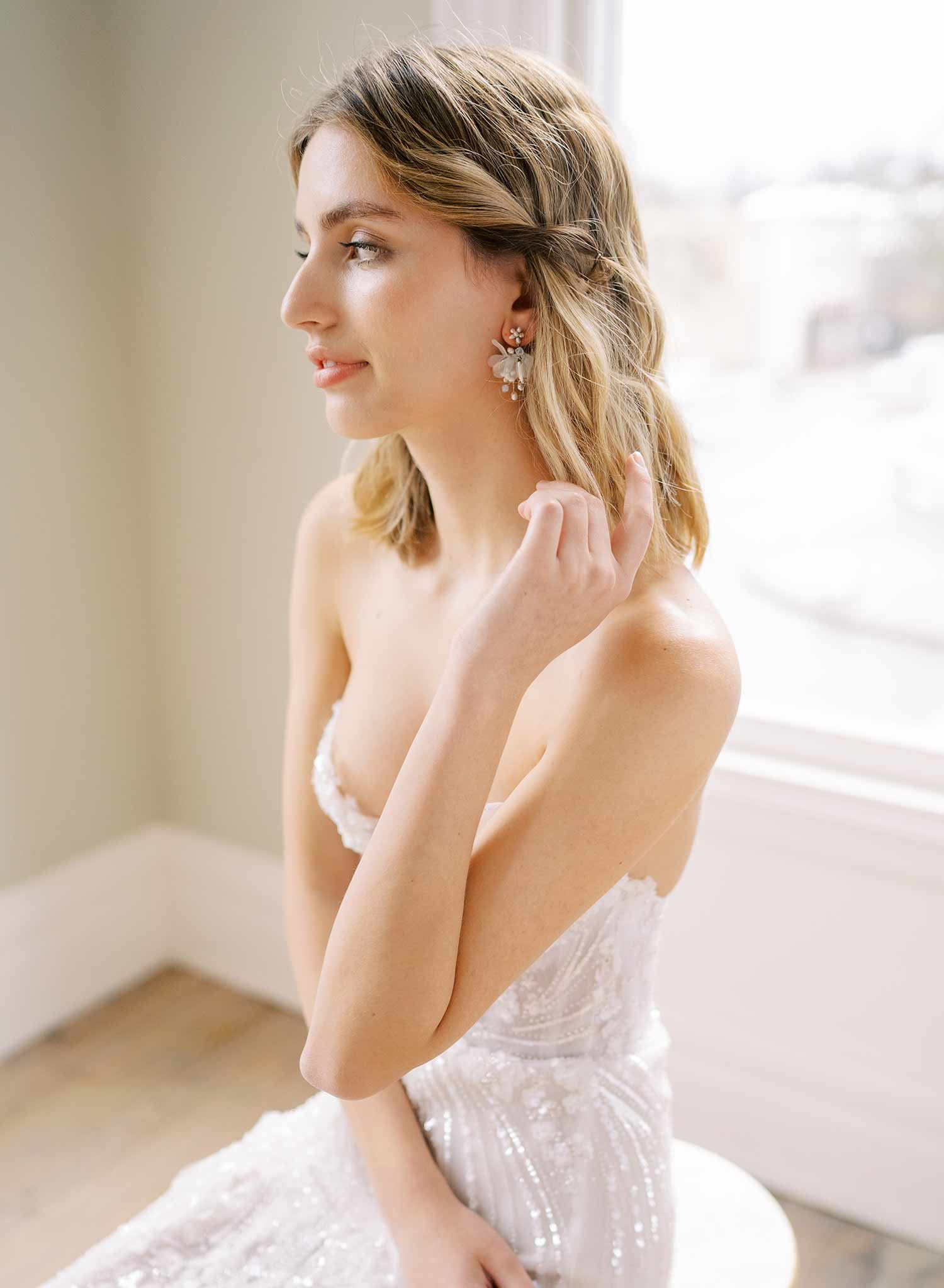 "Pearl burst and silk blossom earrings, petite - Style #2433"
