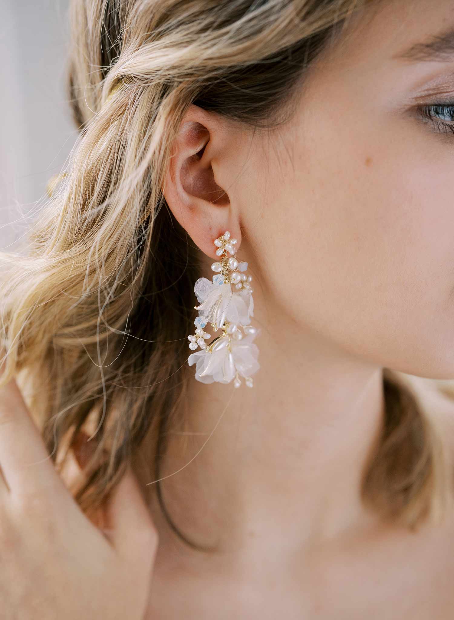 "Pearl burst and silk blossom earrings, large - Style #2434"
