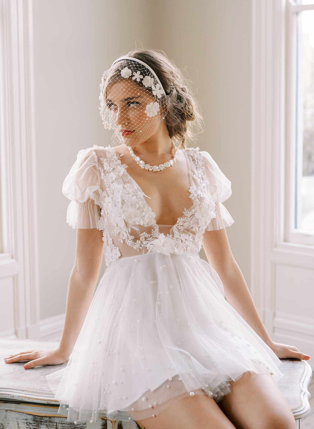 Embroidered primrose headband birdcage veil - Style #2449