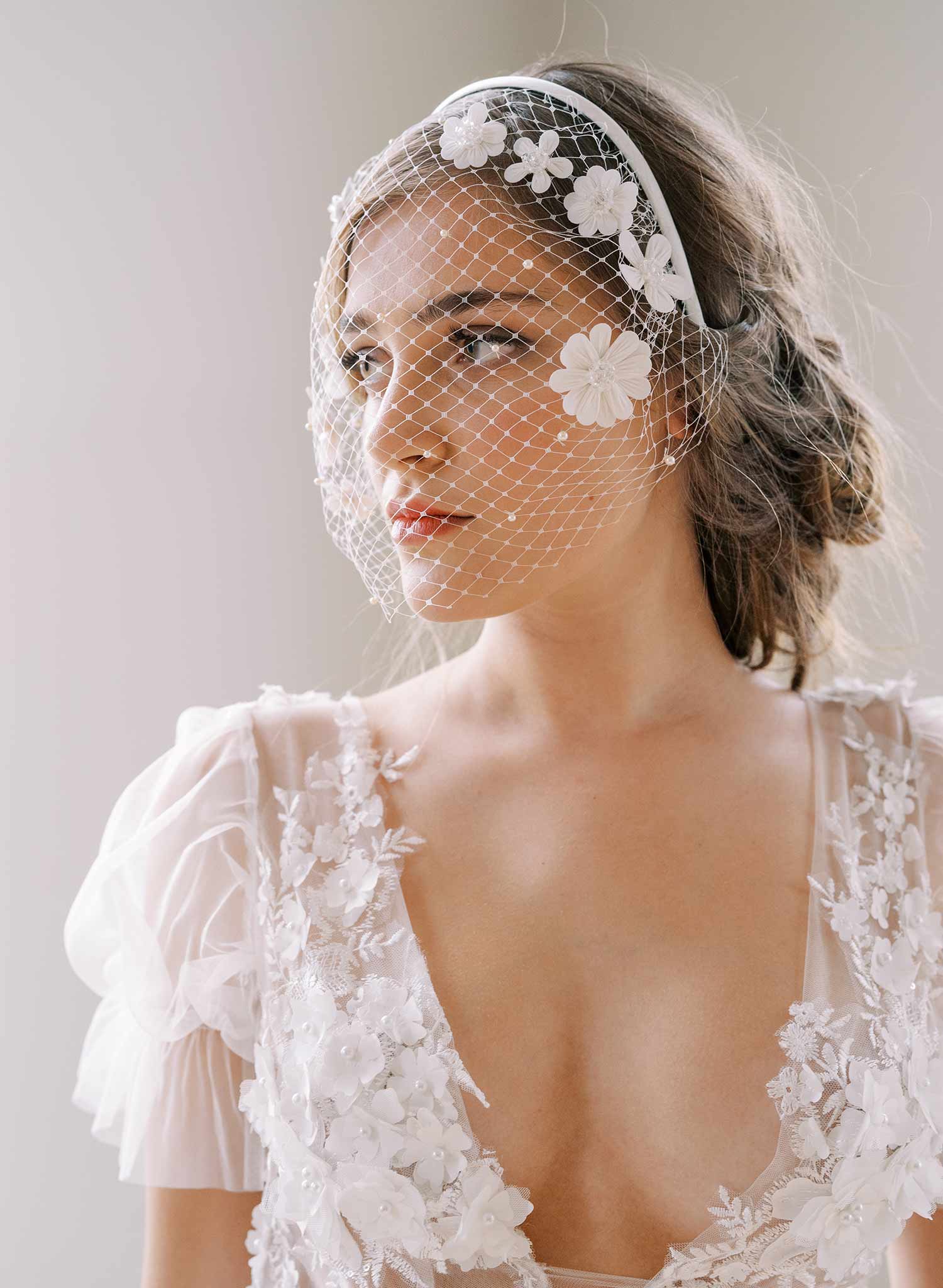 Embroidered primrose headband birdcage veil - Style #2449