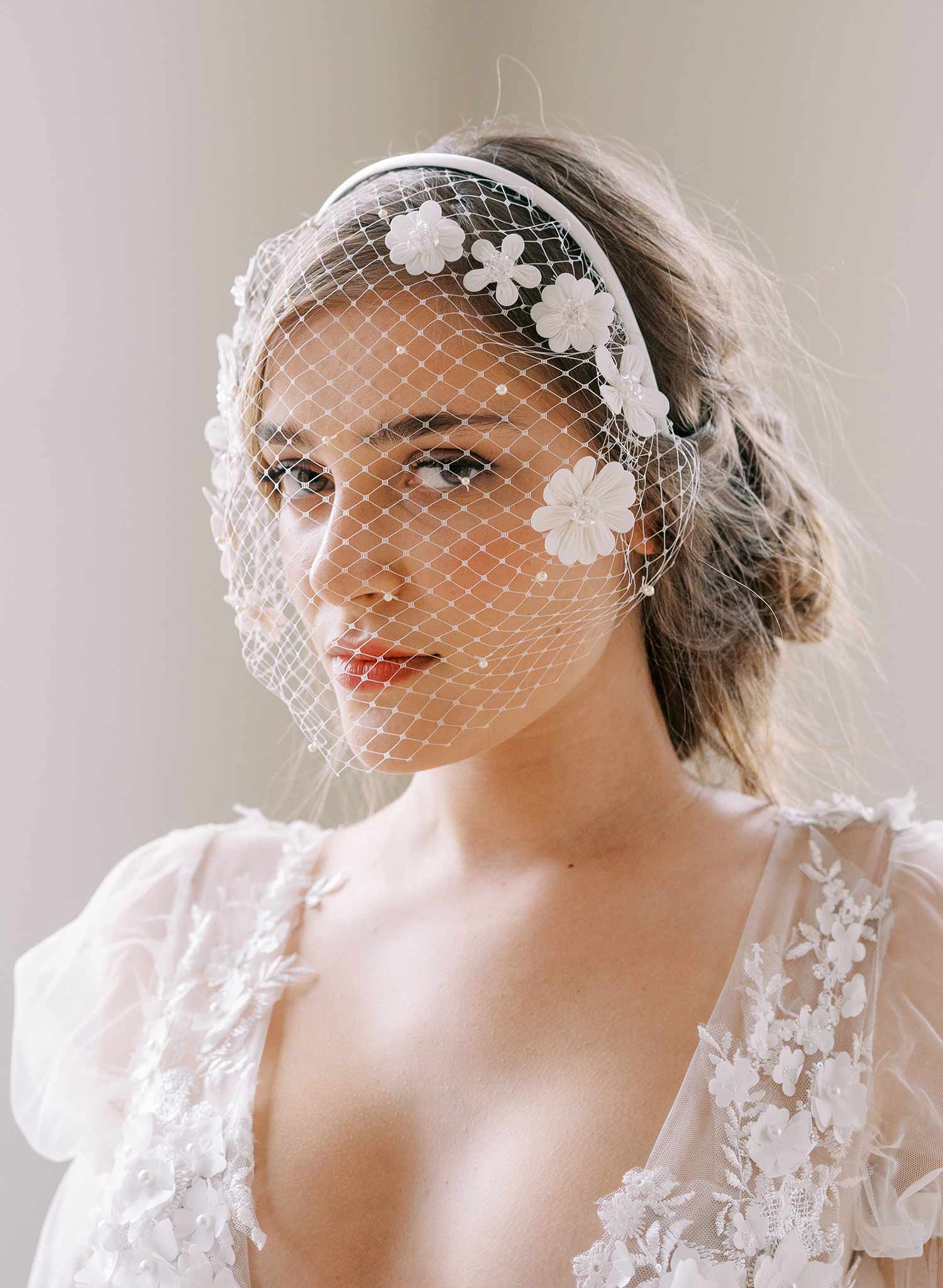 Embroidered primrose headband birdcage veil - Style #2449