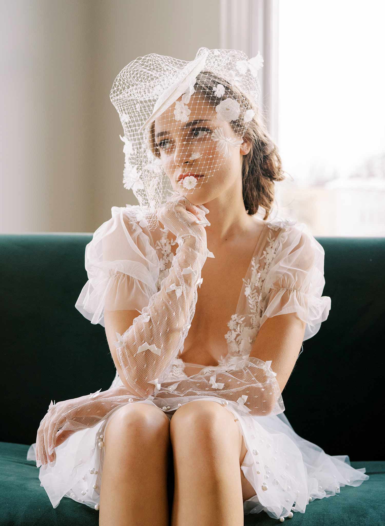 Floral birdcage veil bridal mini hat - Style #2455