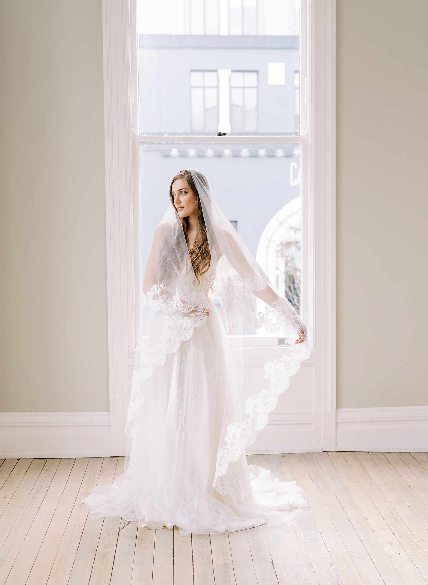 Floral romance French lace veil on silk tulle - Style #2460