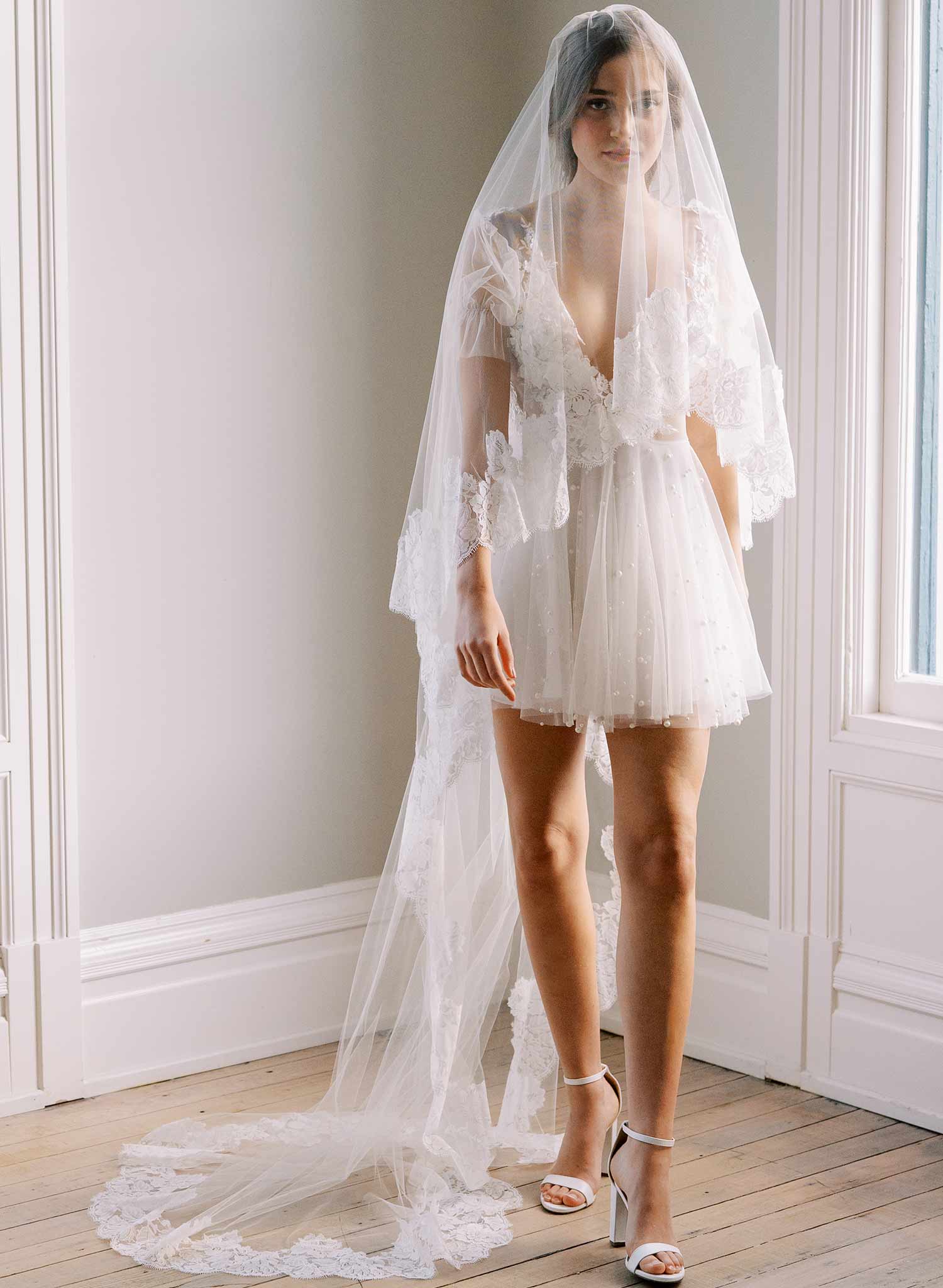 Classic florals French lace veil with blusher - Style #2461