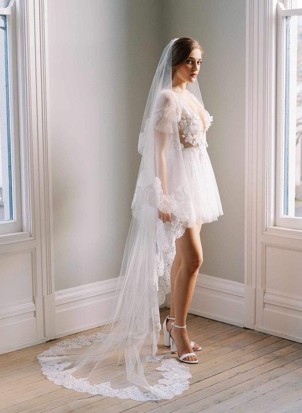Classic florals French lace veil with blusher - Style #2461