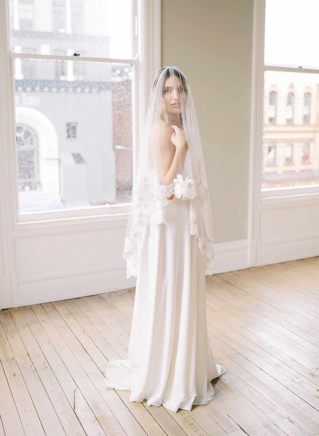 Beaded French lace fingertip bridal veil with blusher - Style #2479