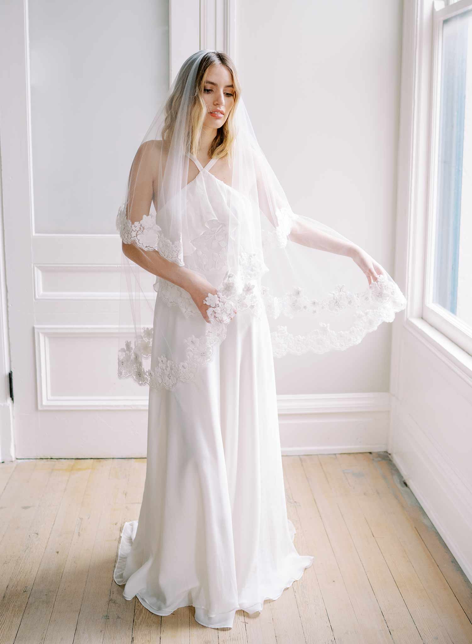 Beaded French lace fingertip bridal veil with blusher - Style #2479