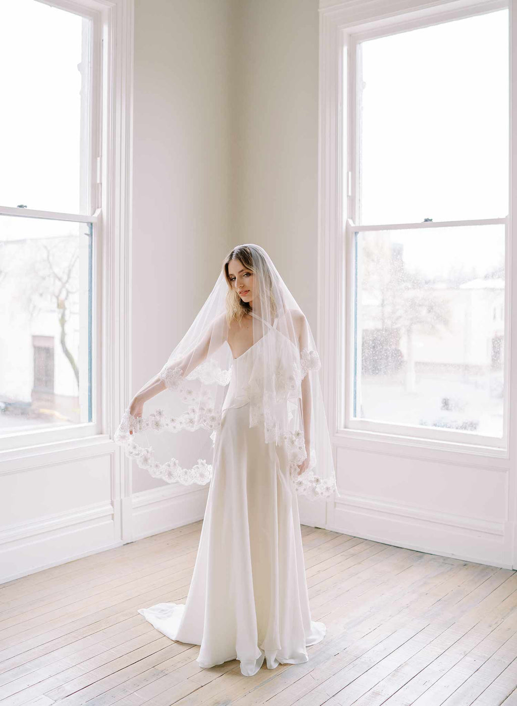 Beaded French lace fingertip bridal veil with blusher - Style #2479