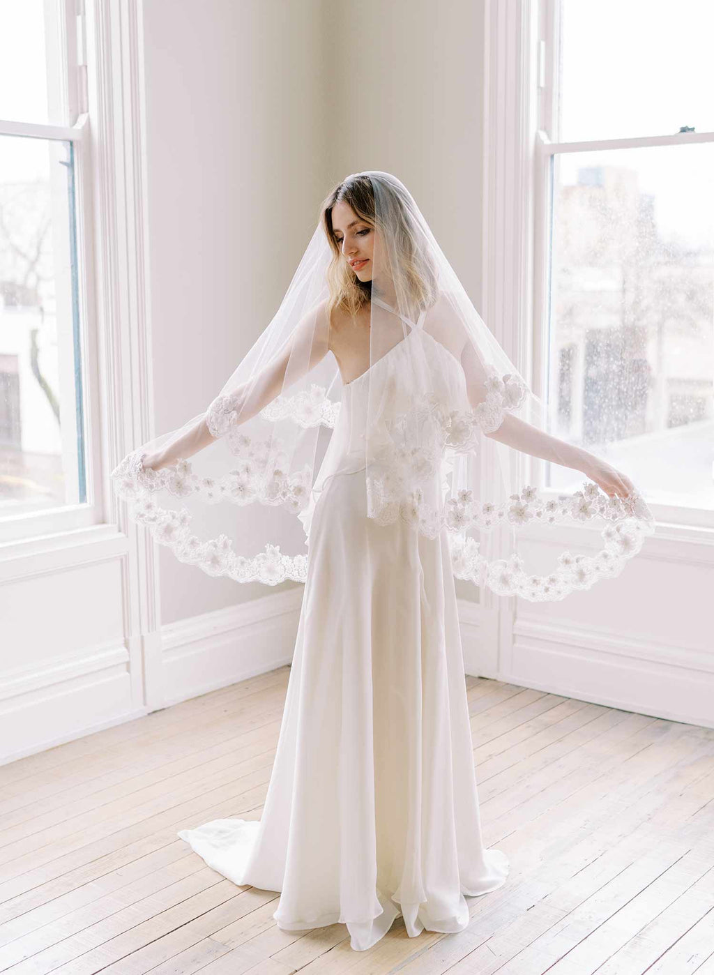 Beaded French lace fingertip bridal veil with blusher - Style #2479