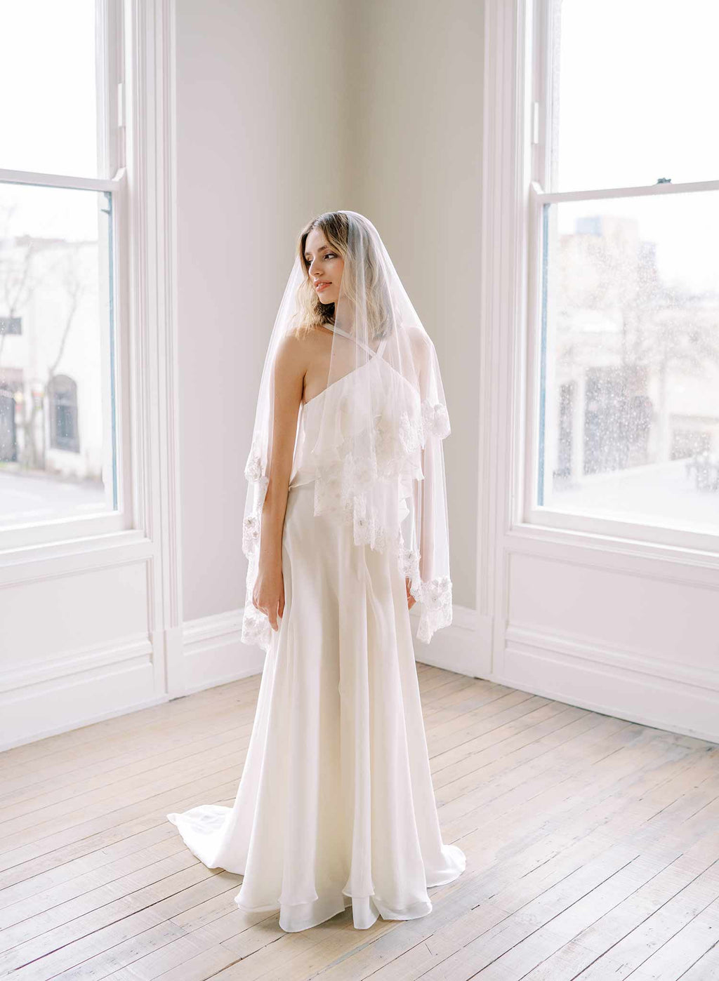 Beaded French lace fingertip bridal veil with blusher - Style #2479