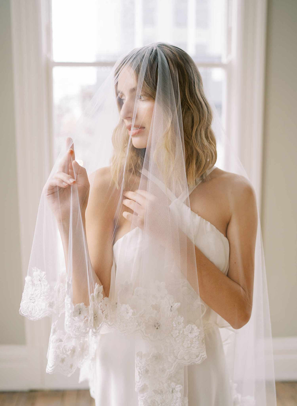 Beaded French lace fingertip bridal veil with blusher - Style #2479