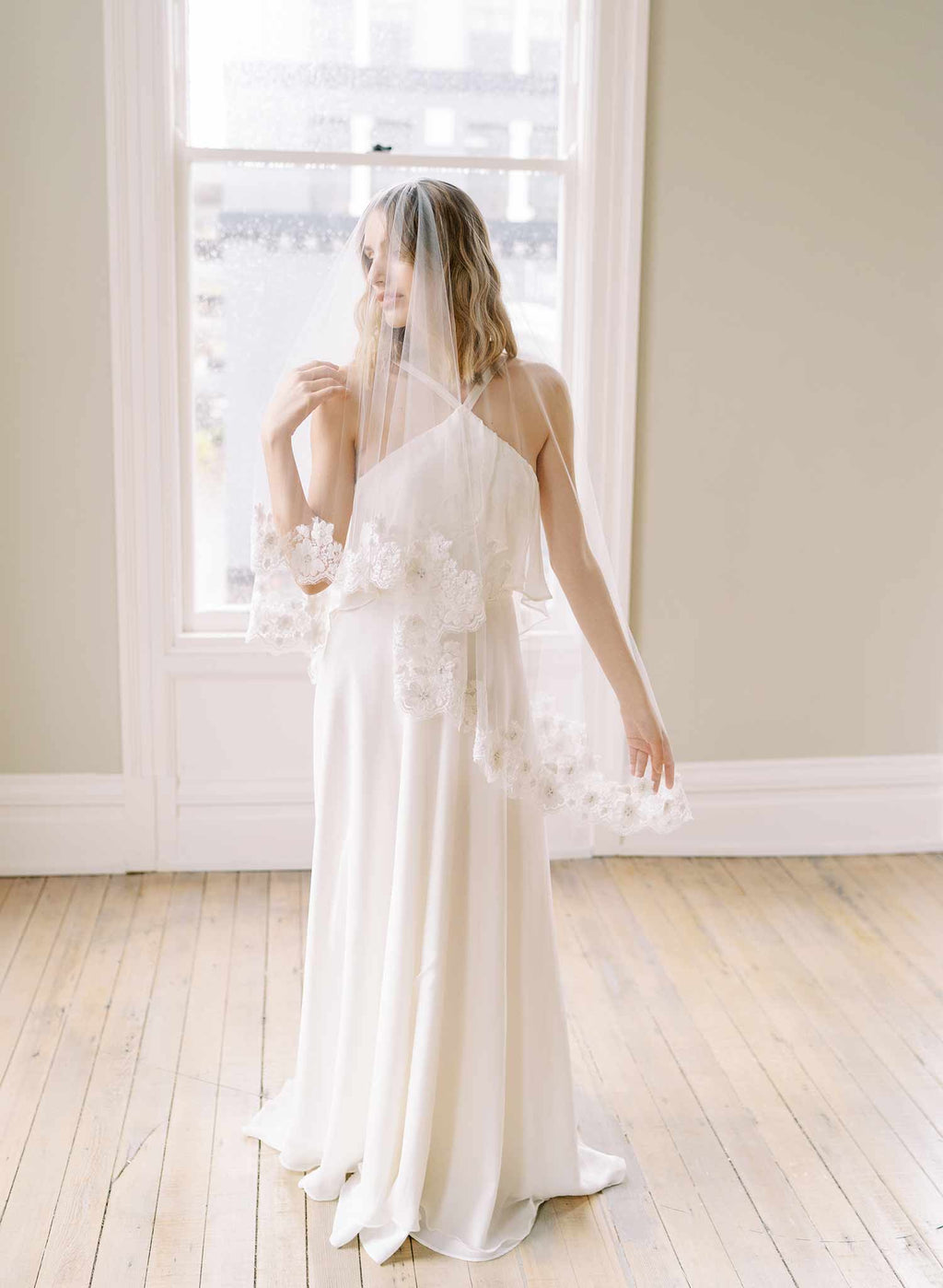 Beaded French lace fingertip bridal veil with blusher - Style #2479