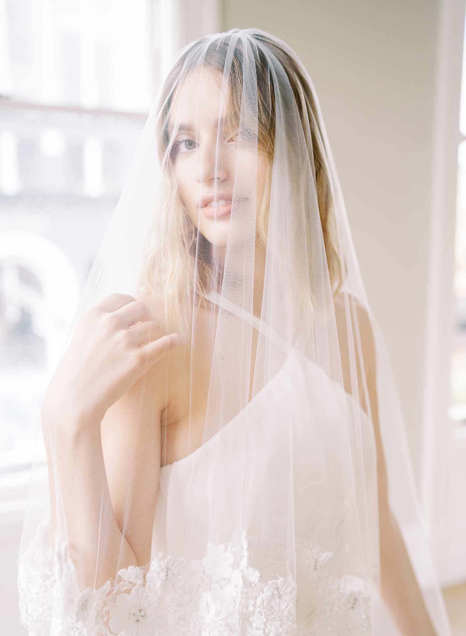 Beaded French lace fingertip bridal veil with blusher - Style #2479