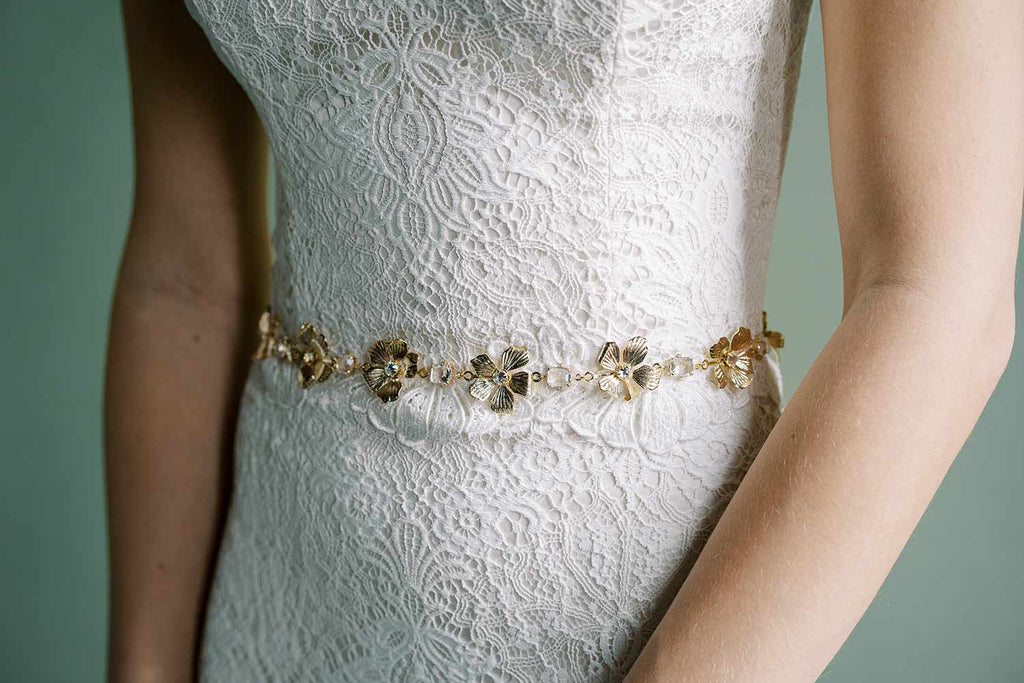 Curled petals and crystals bridal sash - Style #2515