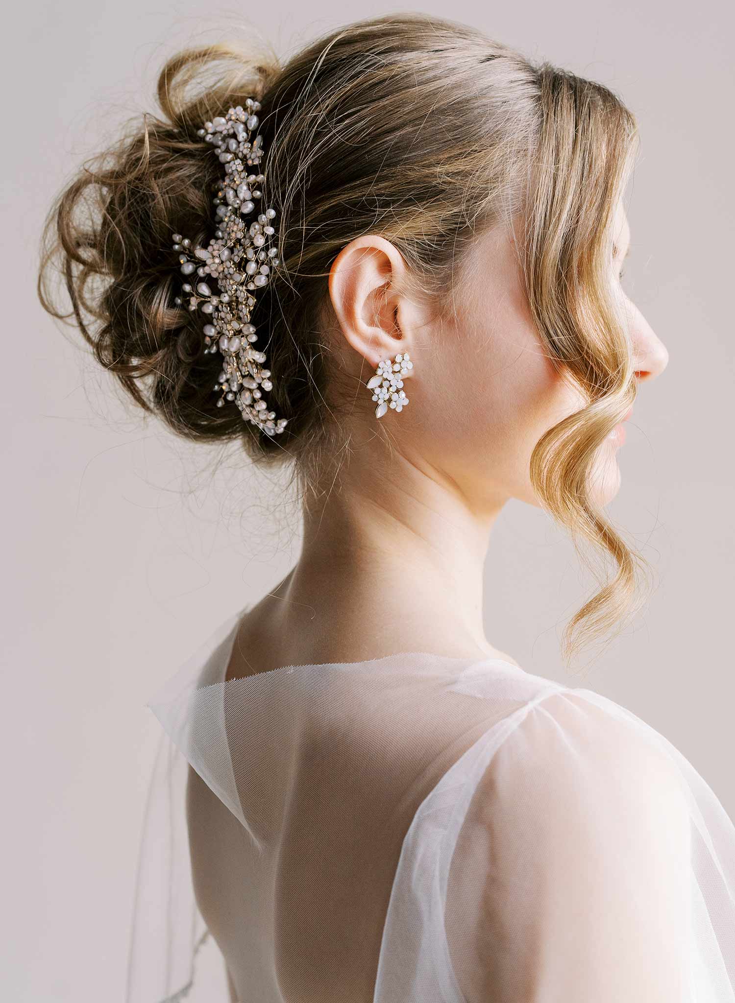 "Freshwater pearl and opal crystal spray comb, large - Style #2516"