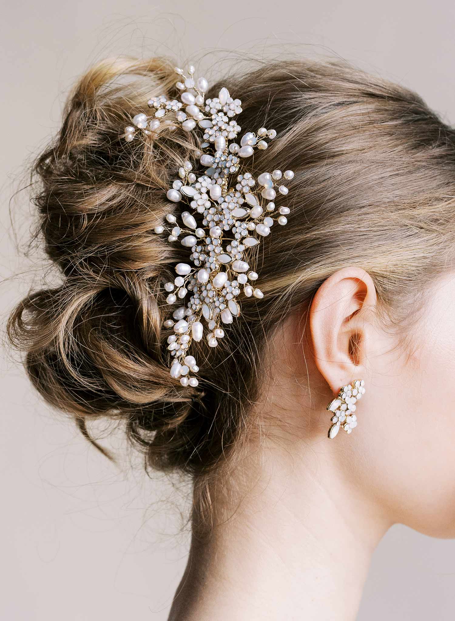 "Freshwater pearl and opal crystal spray comb, large - Style #2516"