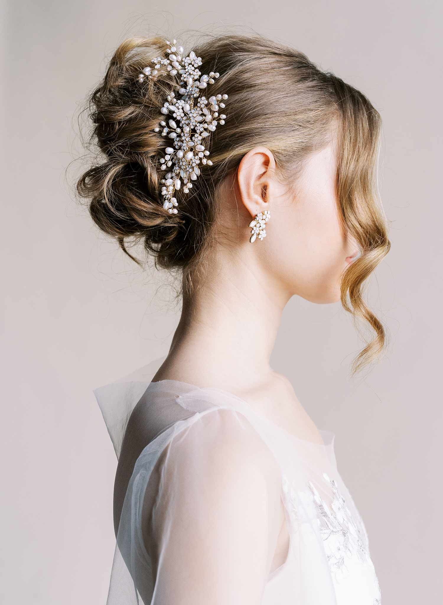 "Freshwater pearl and opal crystal spray comb, large - Style #2516"