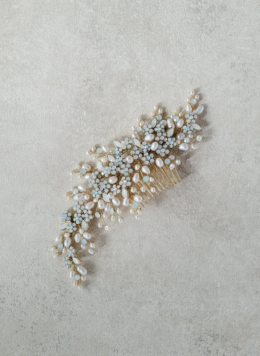 "Freshwater pearl and opal crystal spray comb, large - Style #2516"