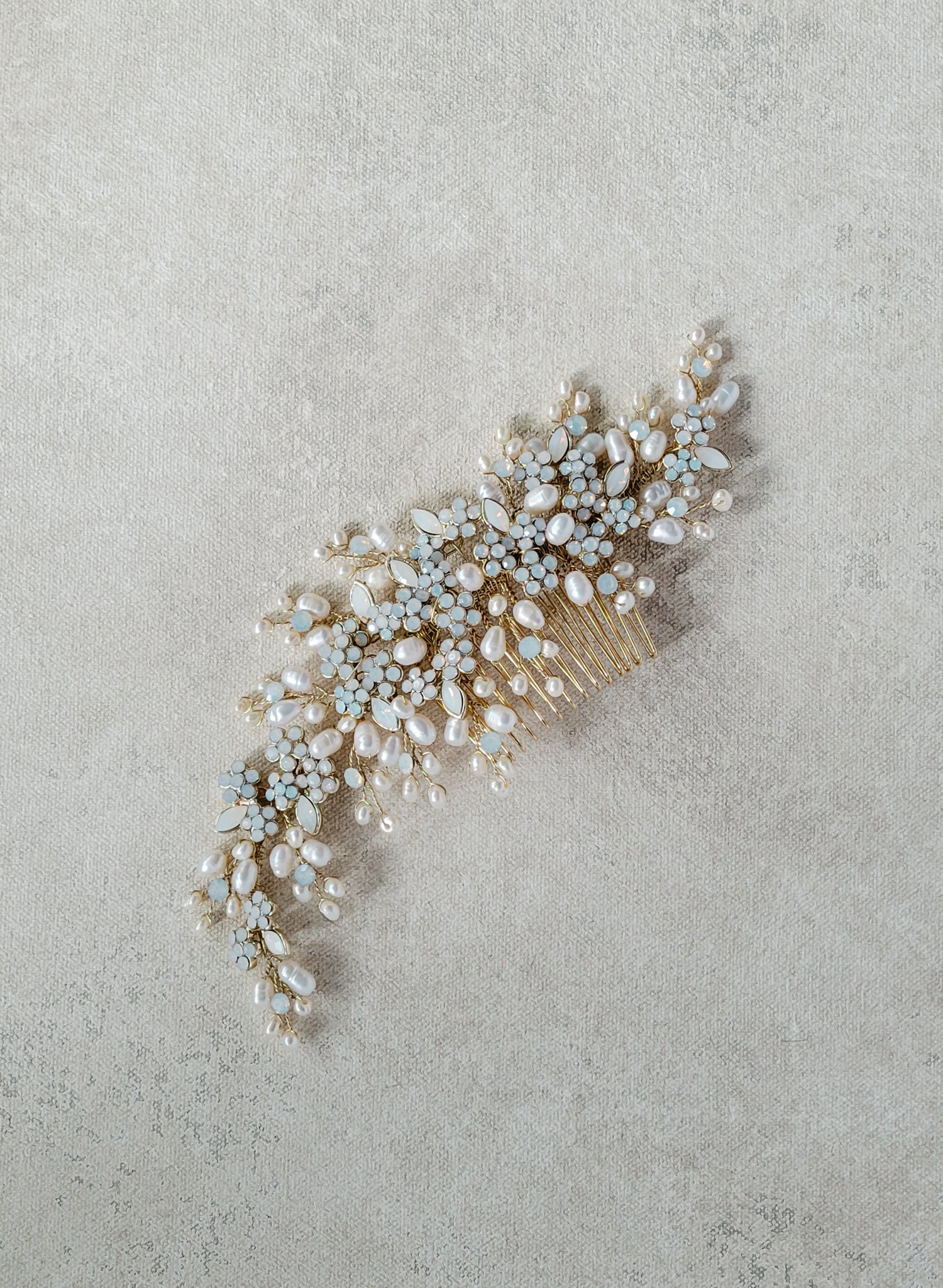 "Freshwater pearl and opal crystal spray comb, large - Style #2516"