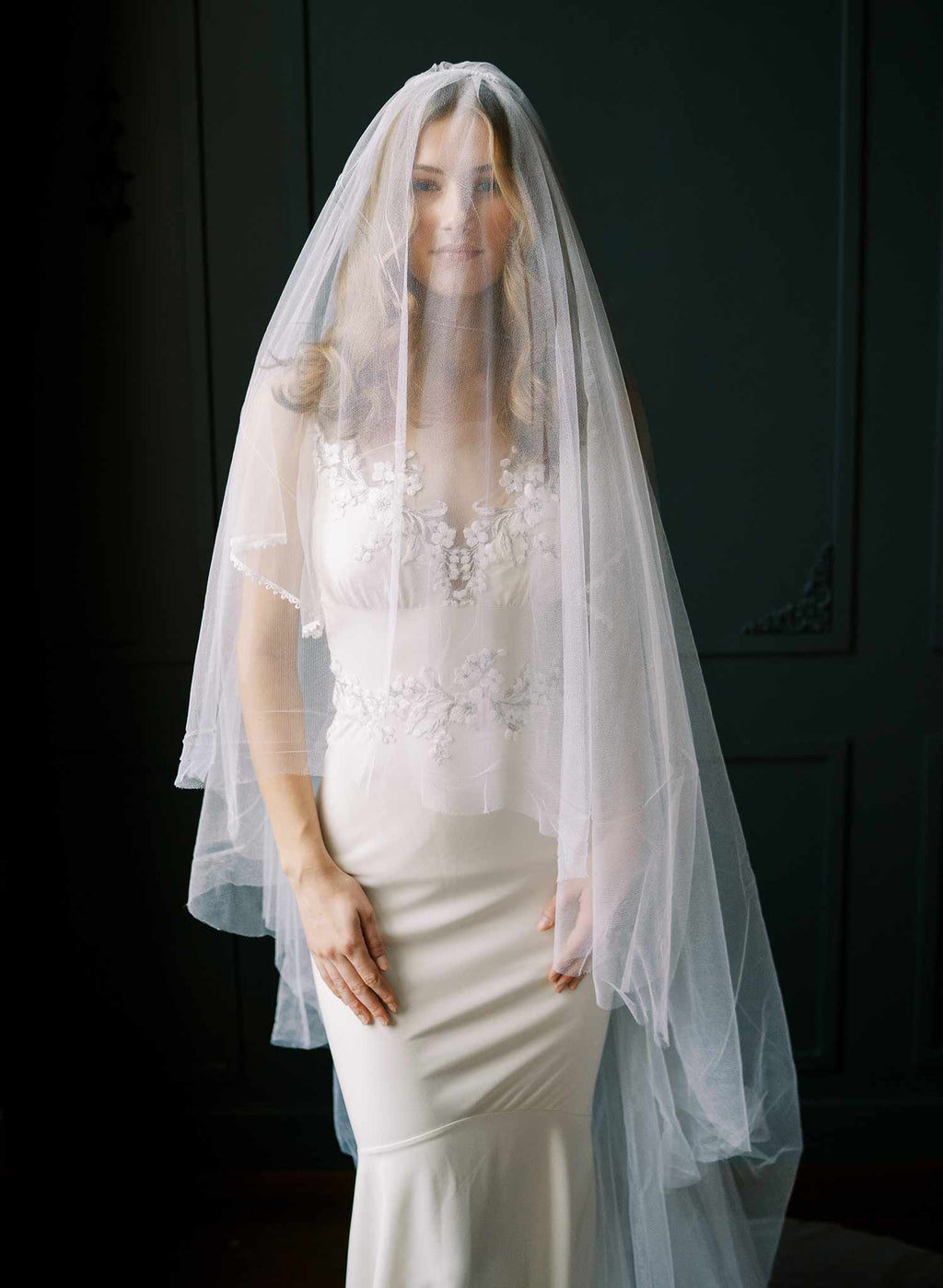 Clean and dramatic silk tulle veil with blusher - Style #2522