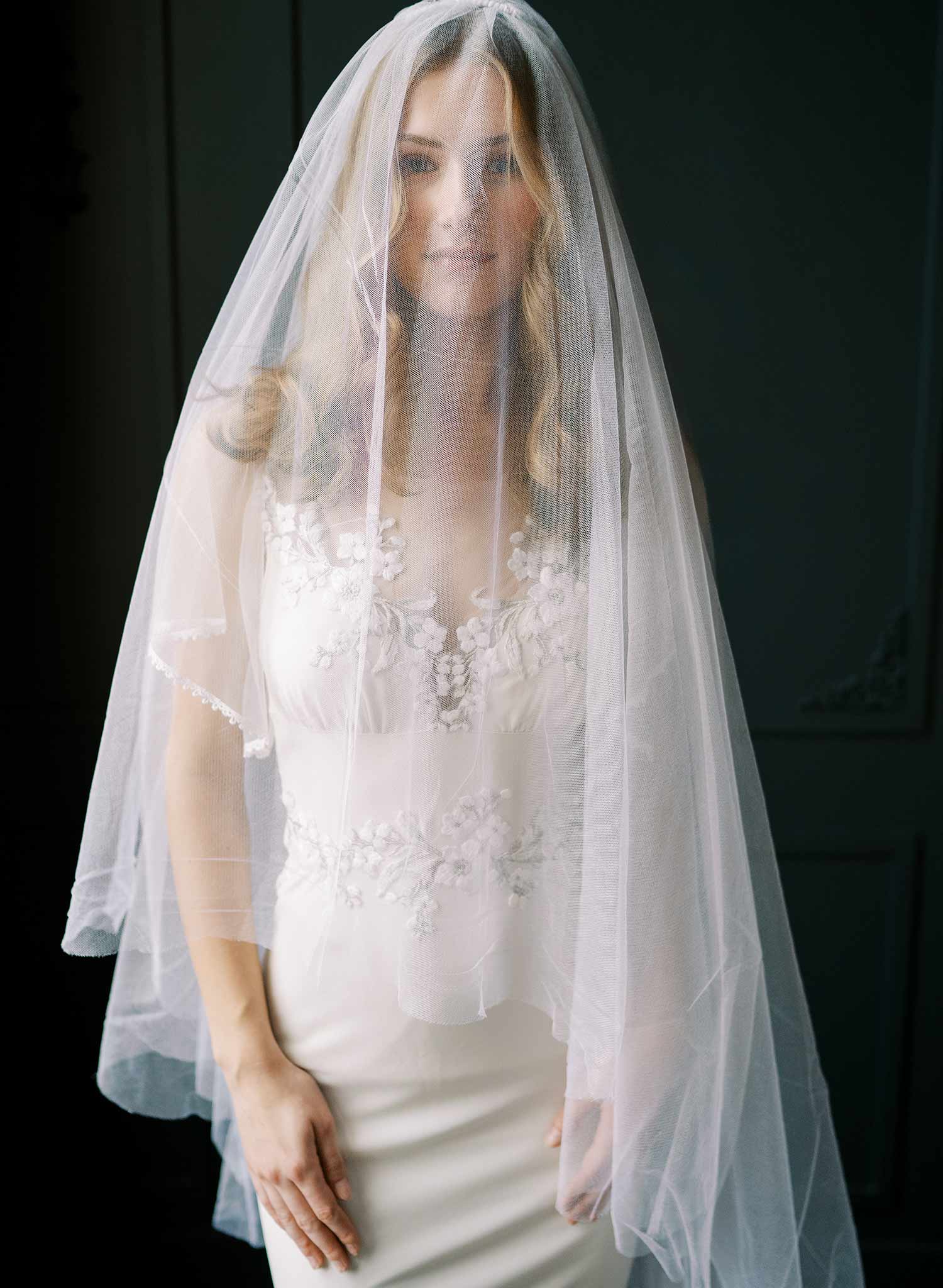 Clean and dramatic silk tulle veil with blusher - Style #2522