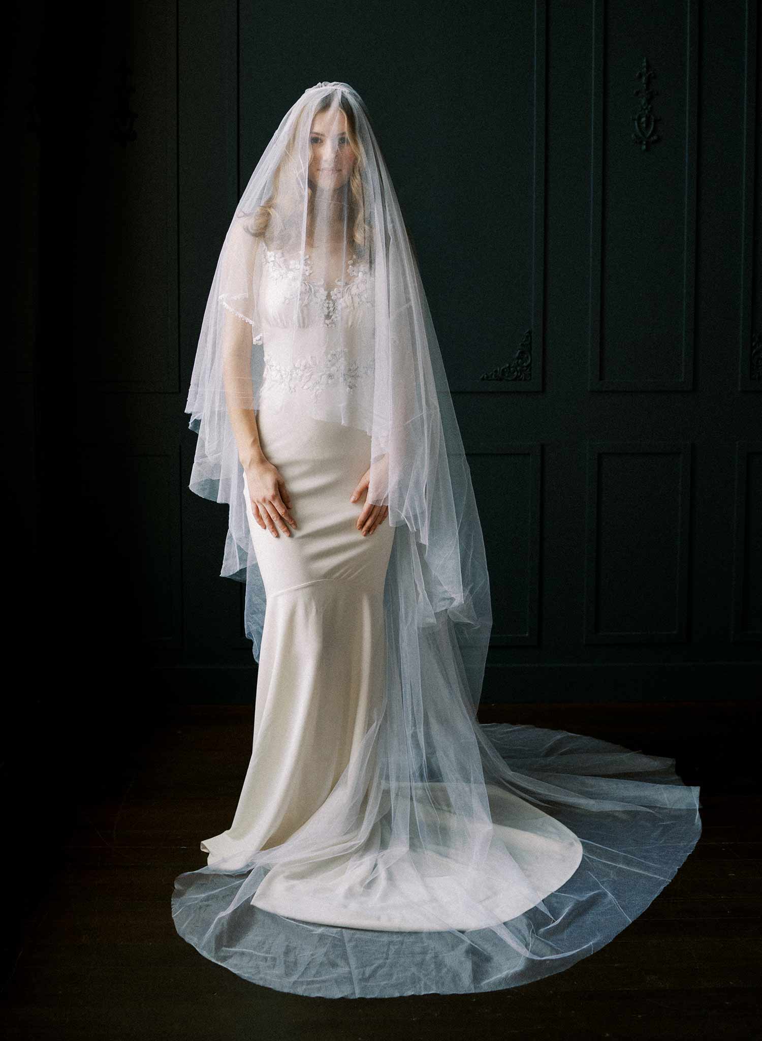 Clean and dramatic silk tulle veil with blusher - Style #2522