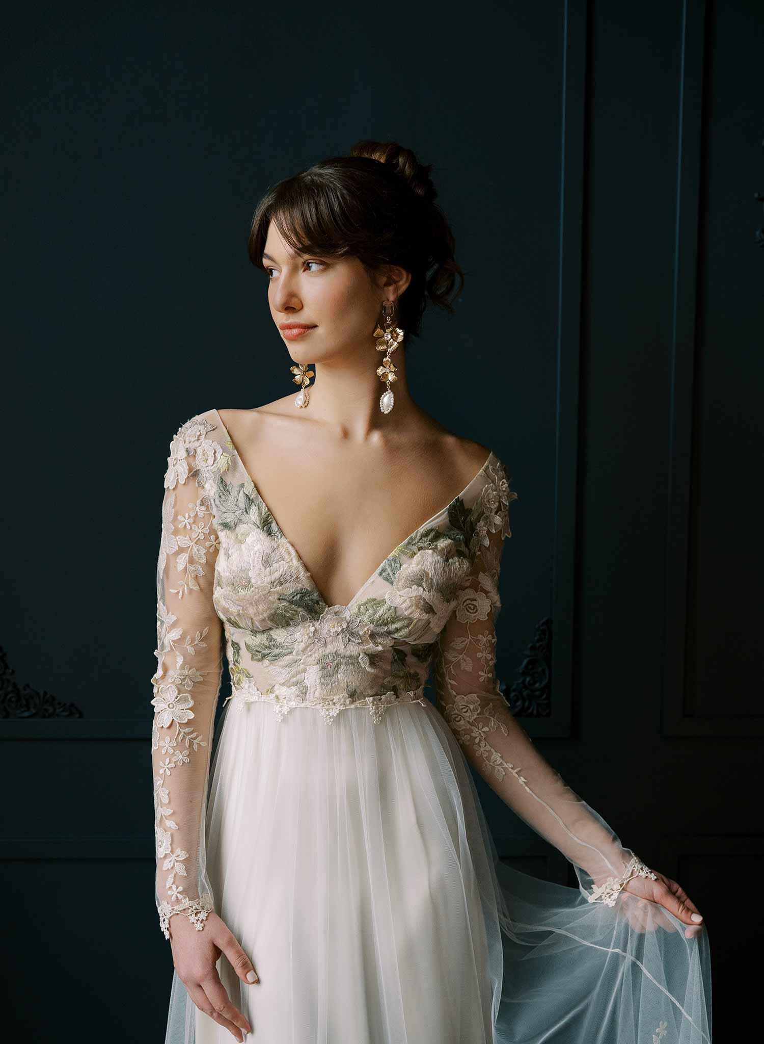 "Gilded magnolia, crystals and pearl earrings - Style #2535"